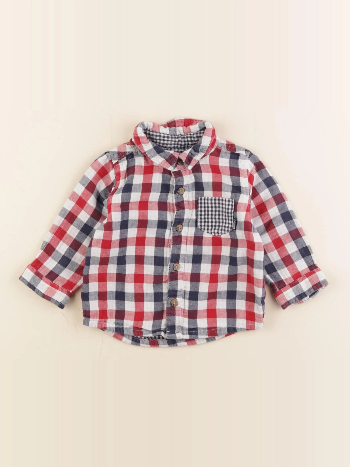 Vertbaudet - chemise blanc, bleu, rouge - 9 mois