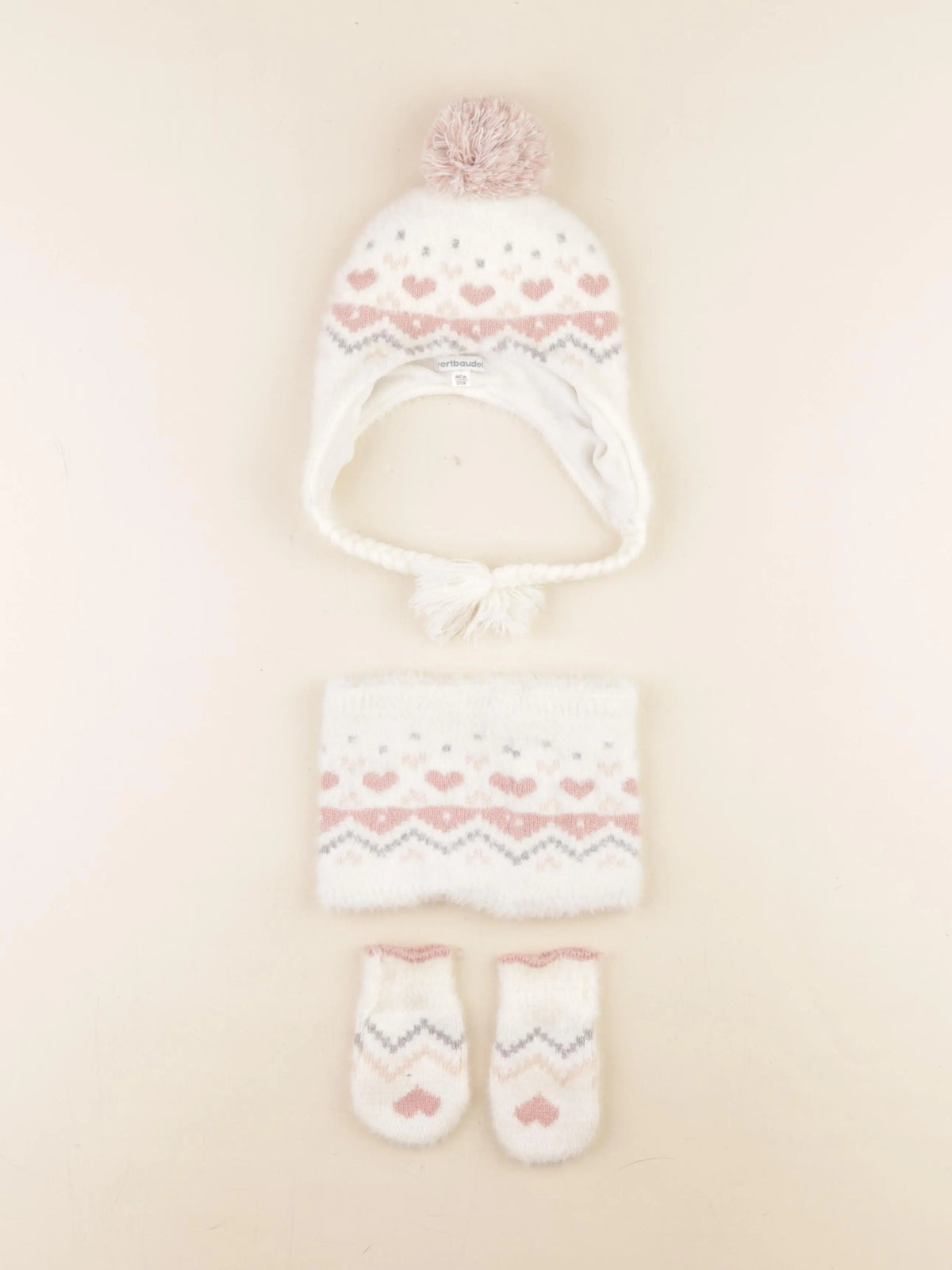 Vertbaudet - ensemble bonnet/moufles/tour de cou blanc, rose - 12/18 mois