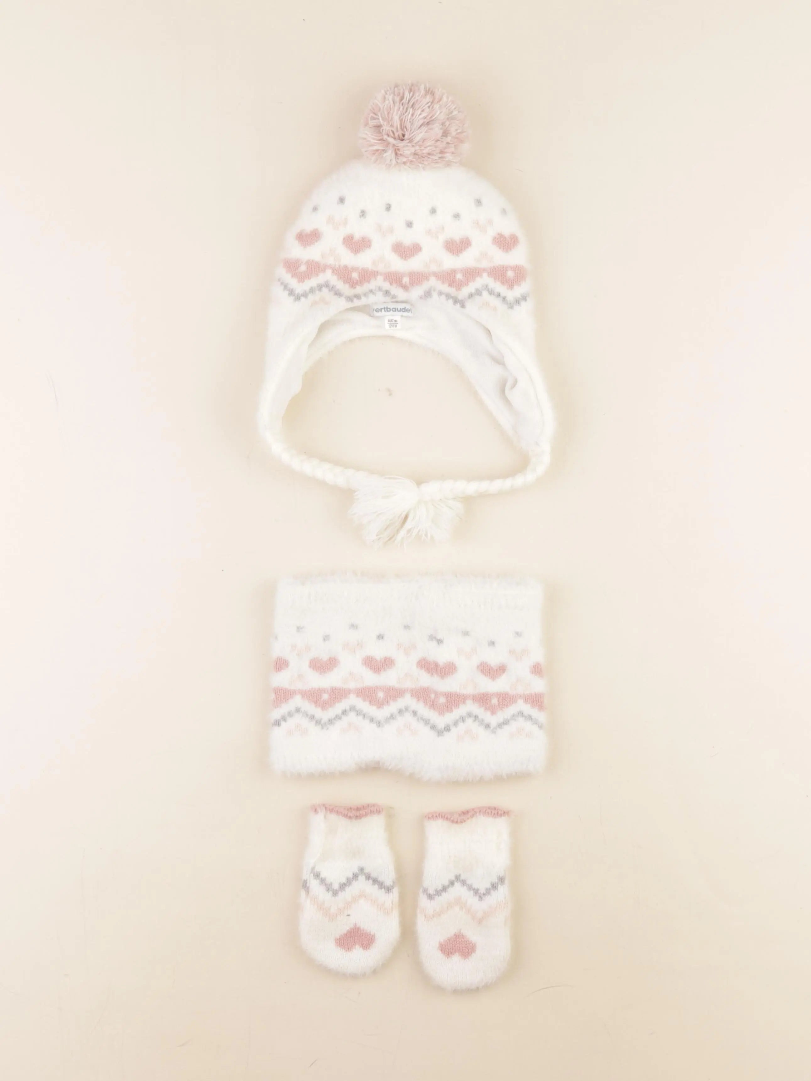 Vertbaudet - ensemble bonnet/moufles/tour de cou blanc, rose - 12/18 mois