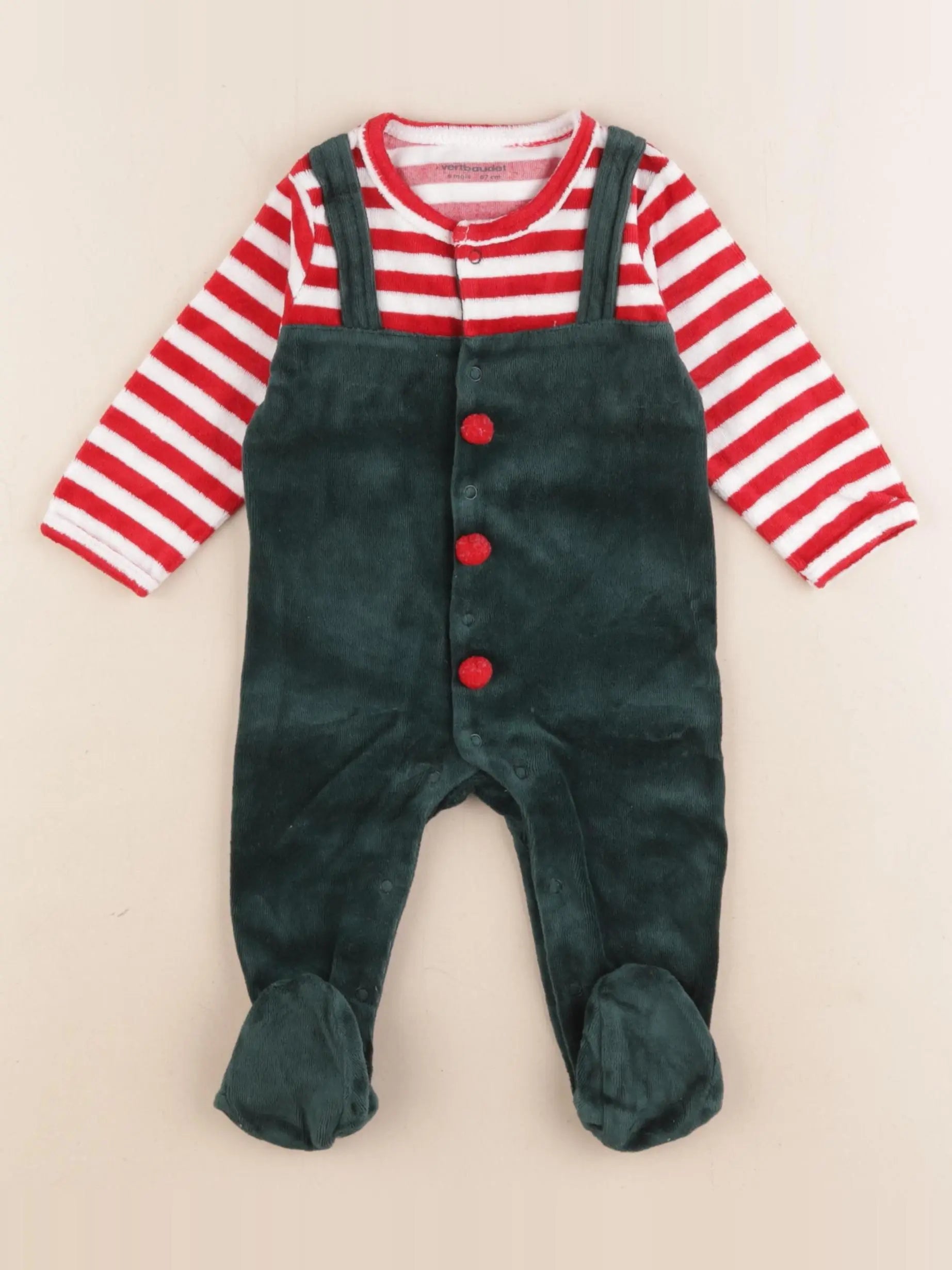 Vertbaudet - pyjama velours vert, rouge - 6 mois