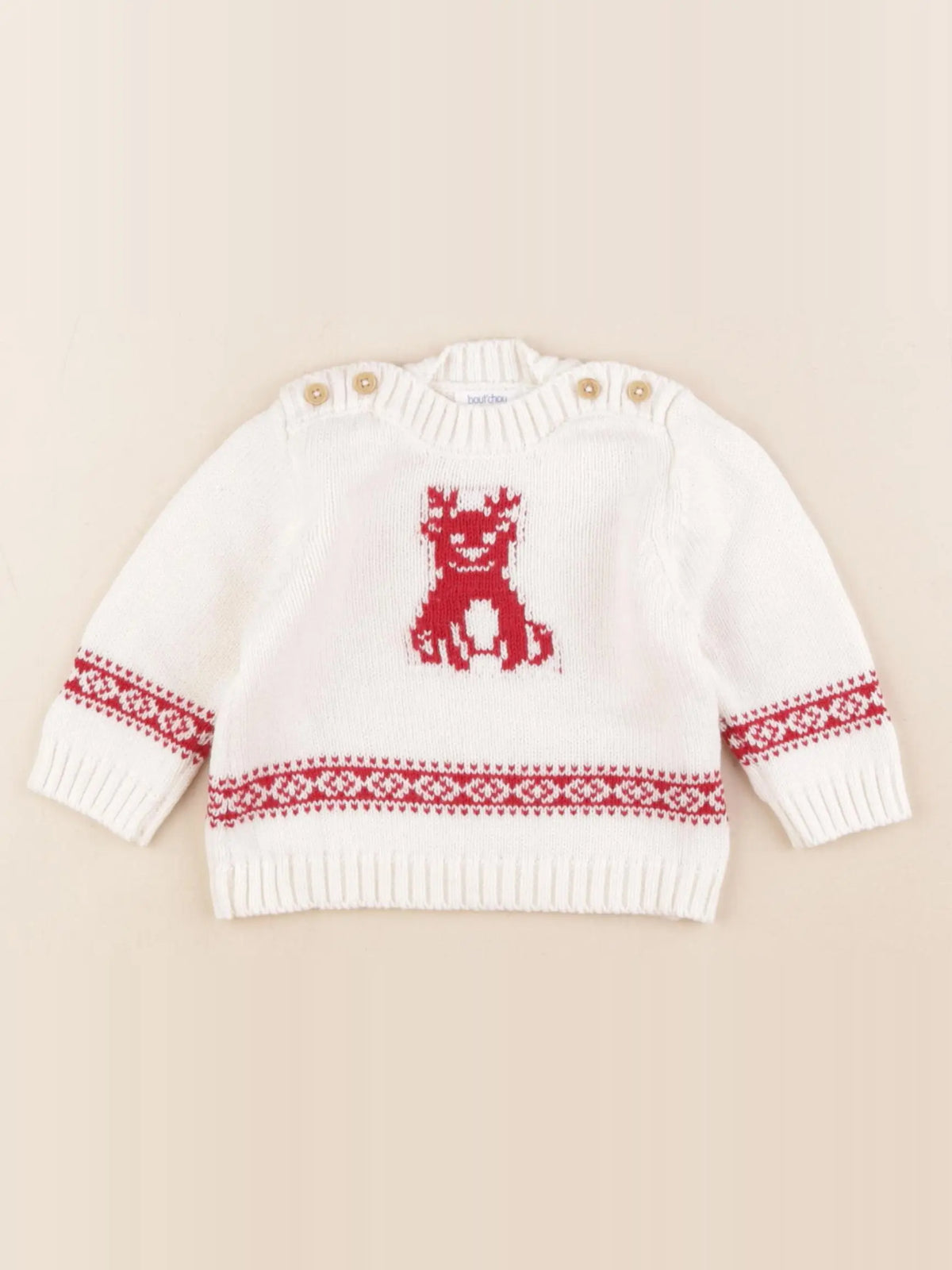 Boutchou - pull blanc, rouge - 6 mois
