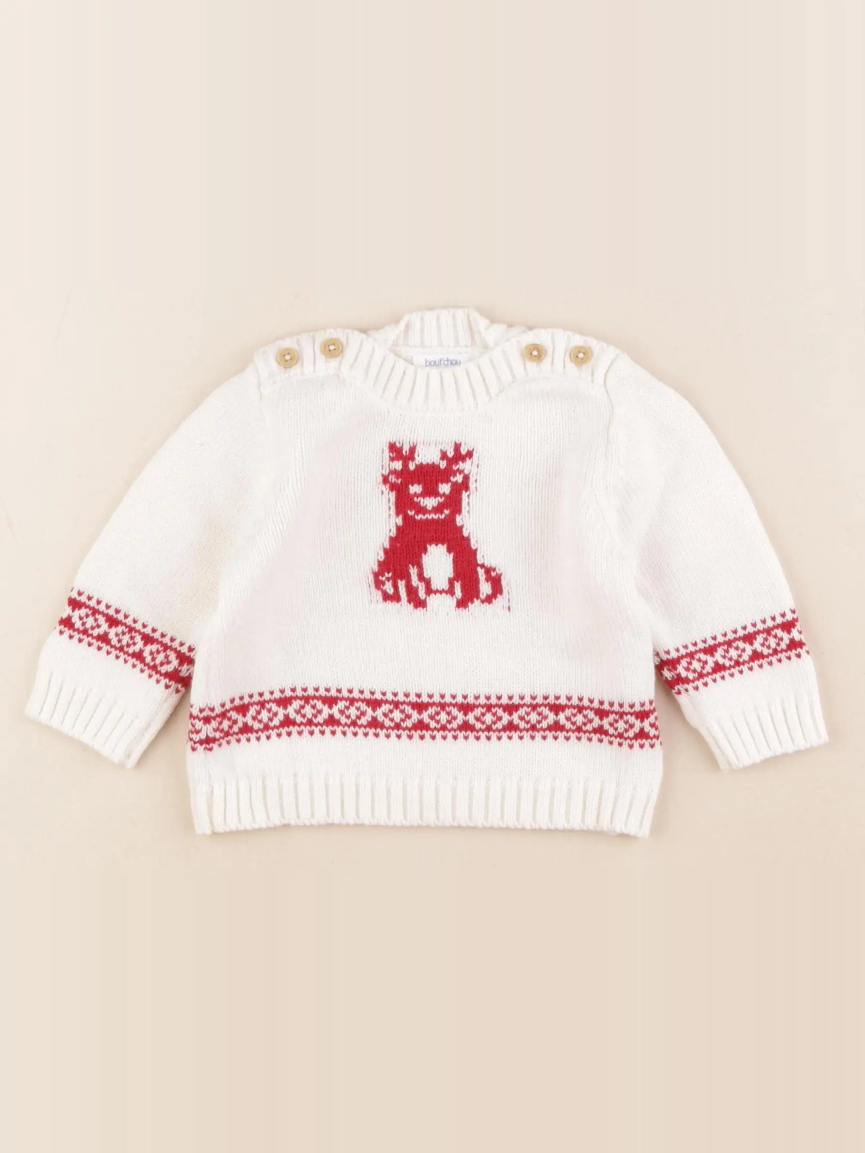 Boutchou - pull blanc, rouge - 6 mois