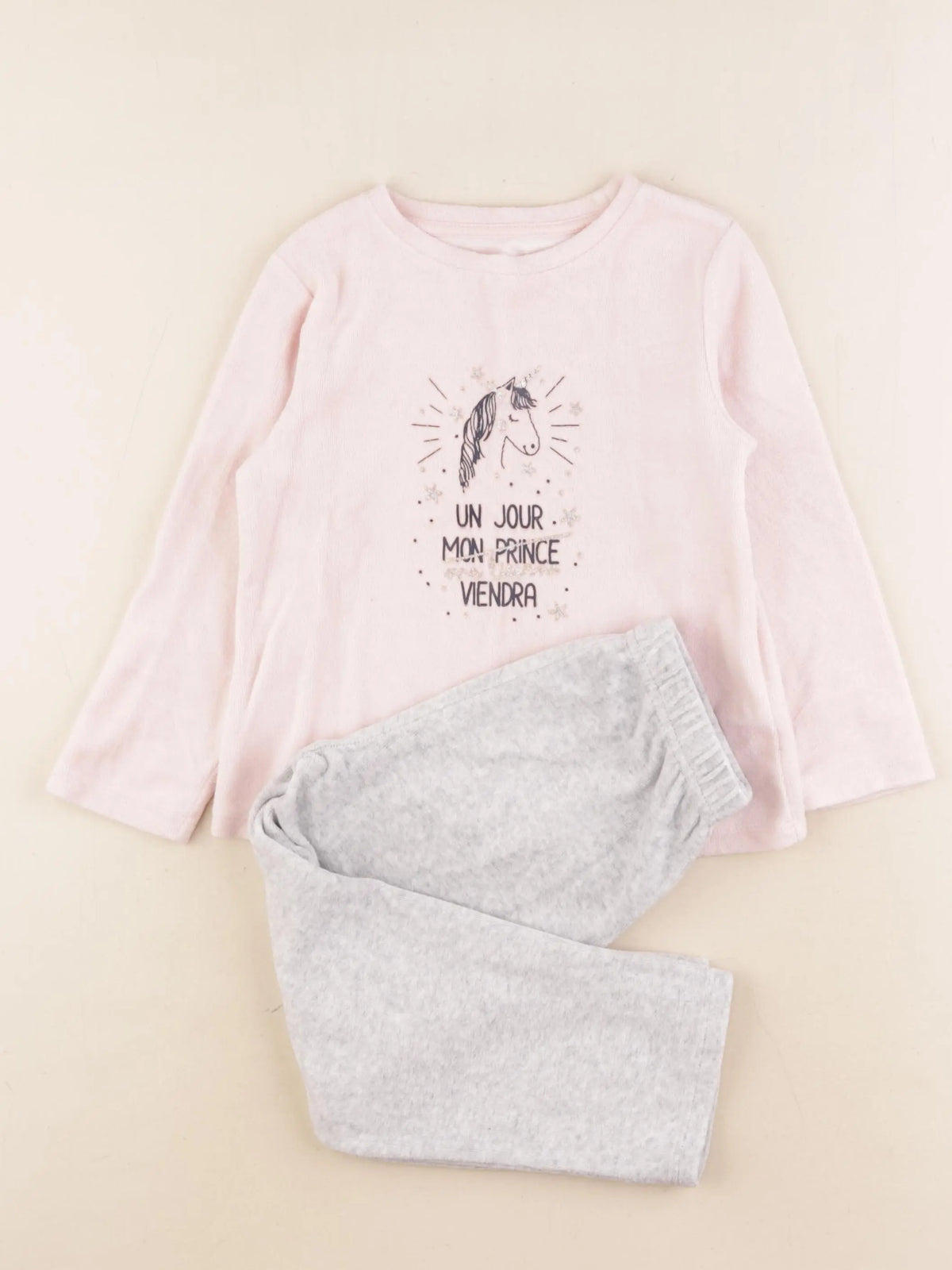 Vertbaudet - pyjama velours gris, rose - 4 ans