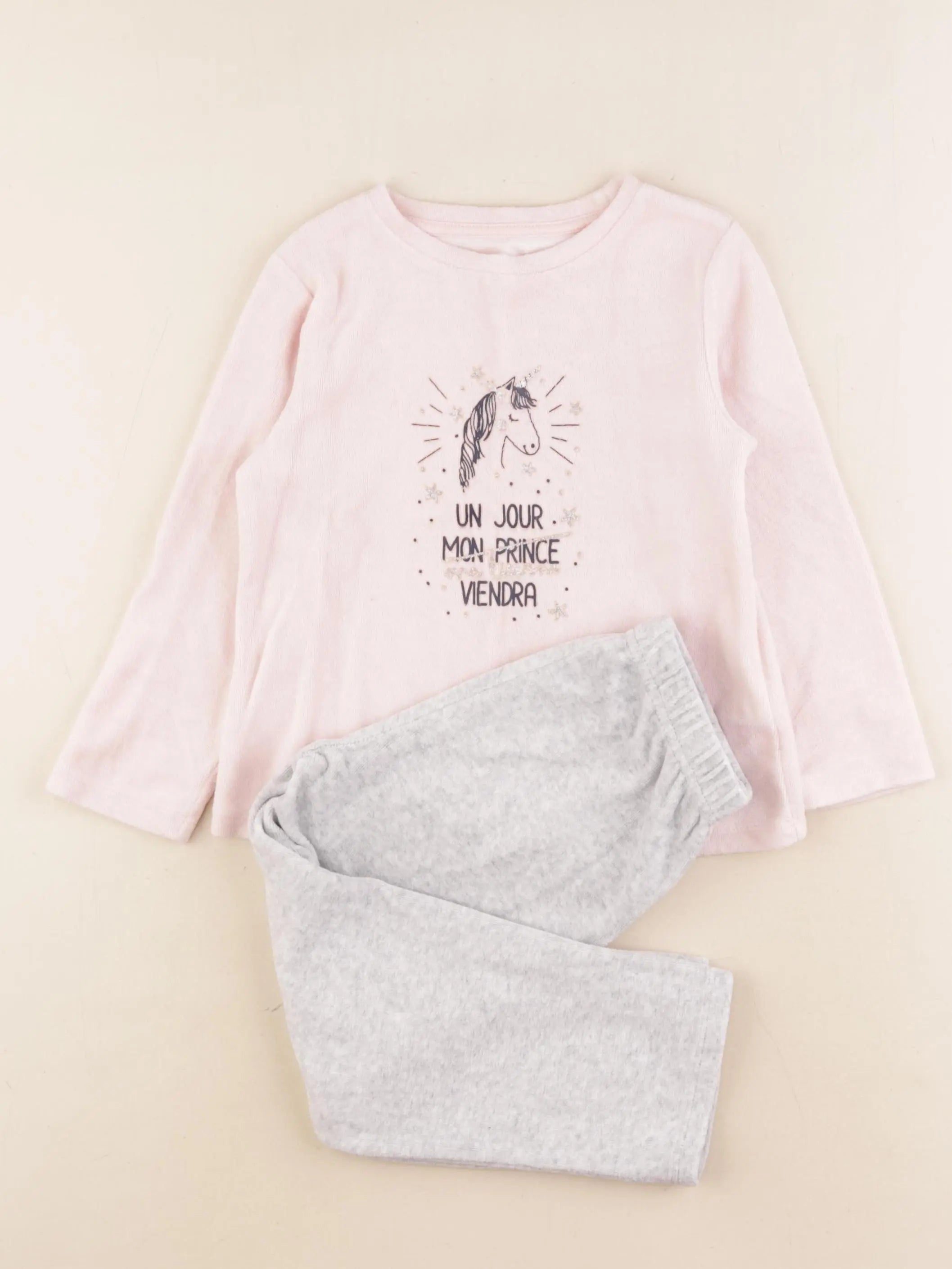 Vertbaudet - pyjama velours gris, rose - 4 ans