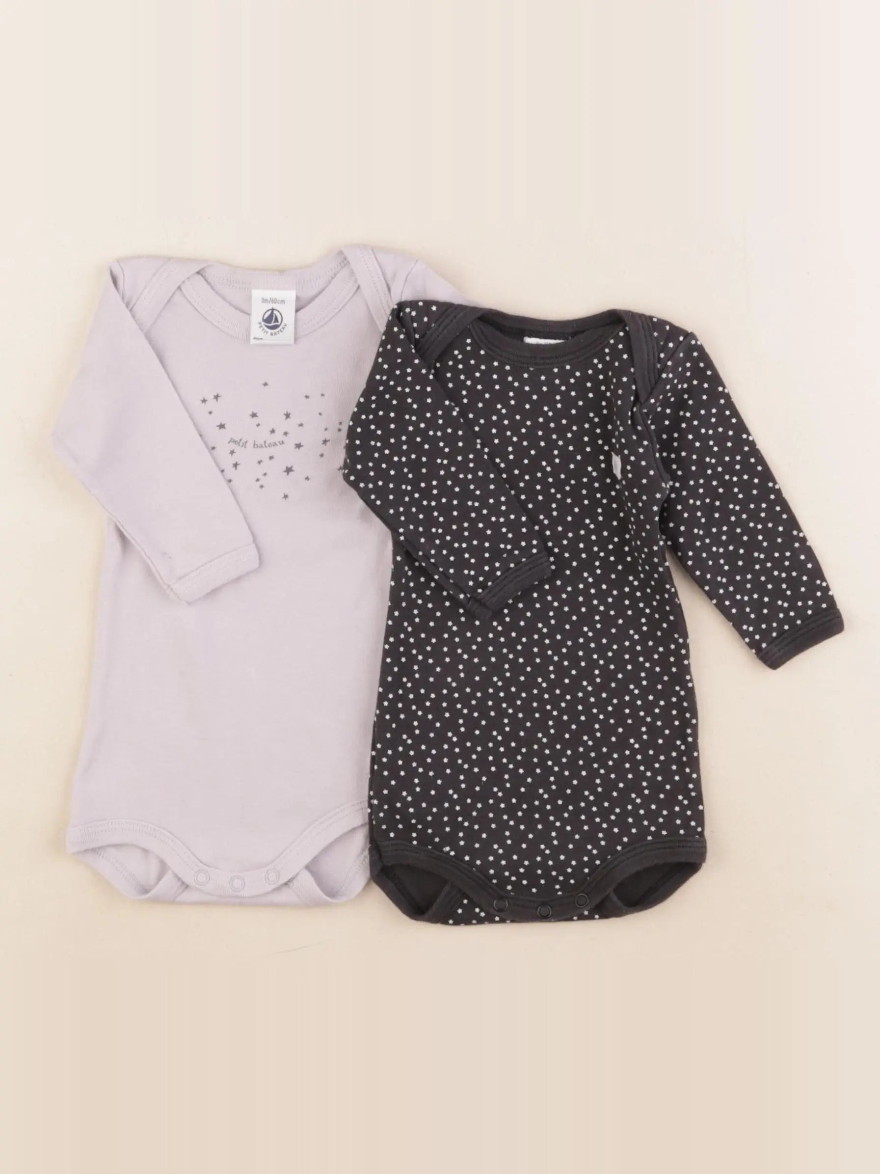 Petit Bateau - lot de 2 bodies en coton noir, gris - 3 mois