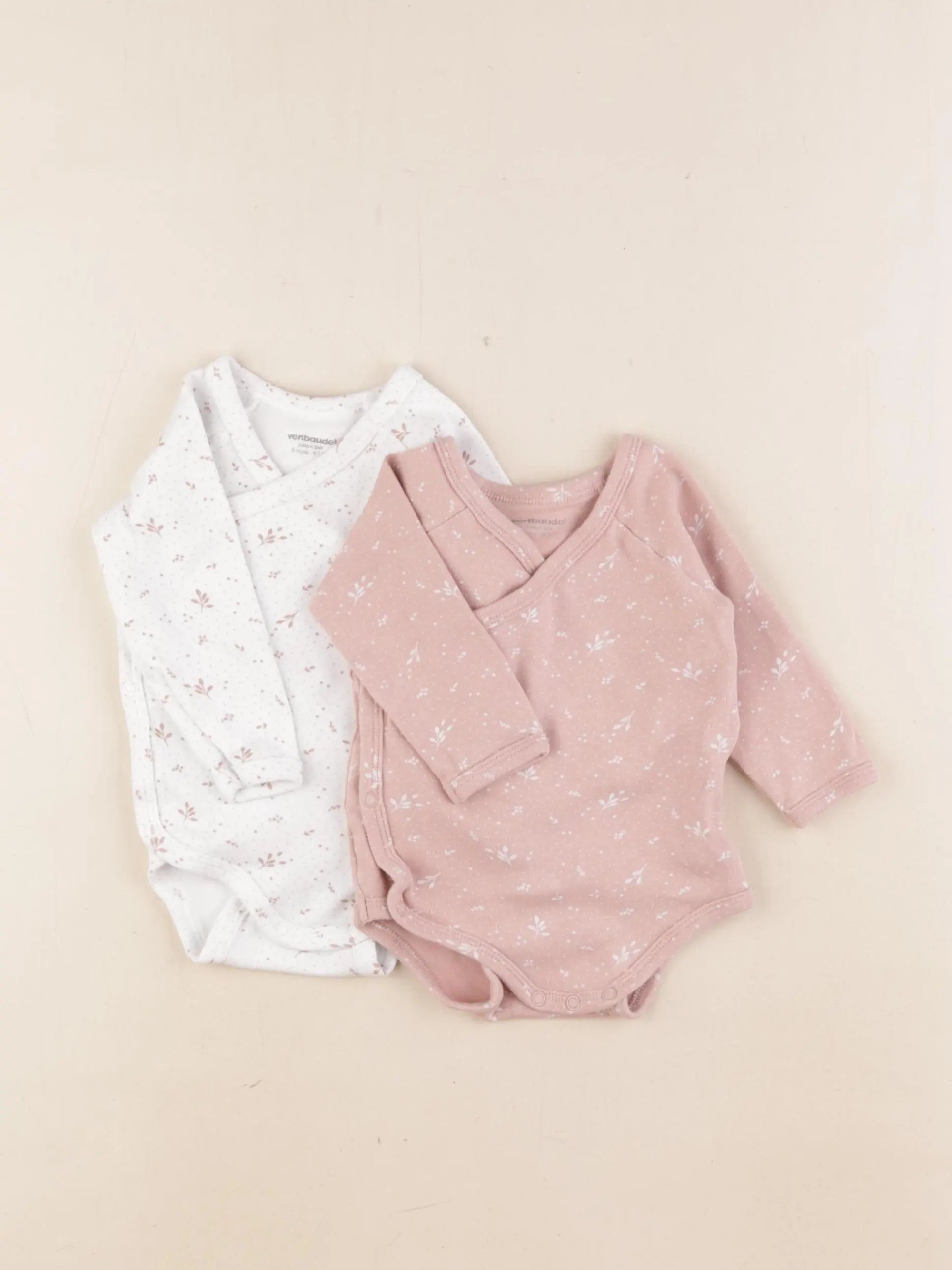 Vertbaudet - lot de 2 bodies en coton blanc, rose - 6 mois