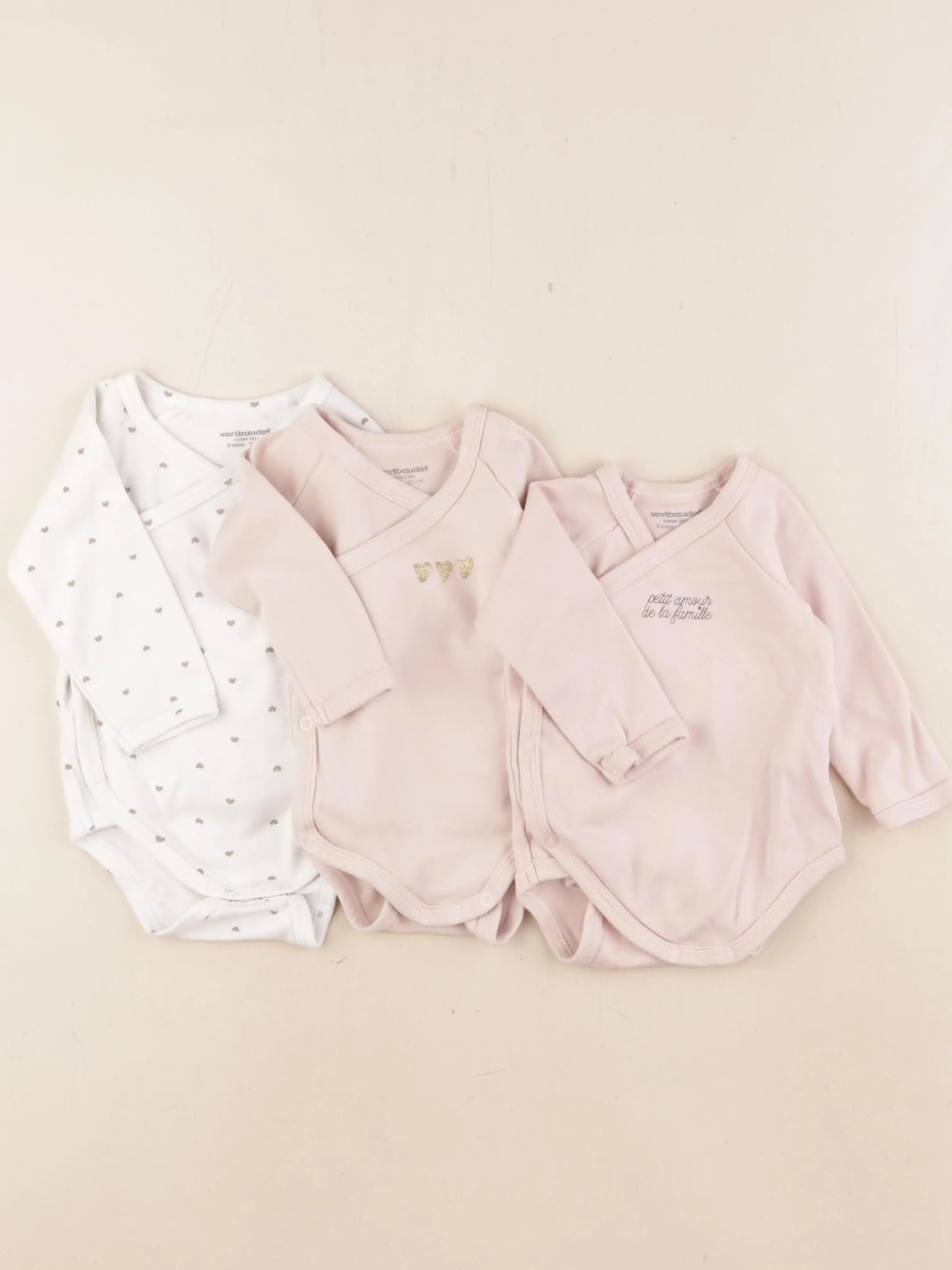 Vertbaudet - lot de 3 bodies en coton blanc, rose - 6 mois