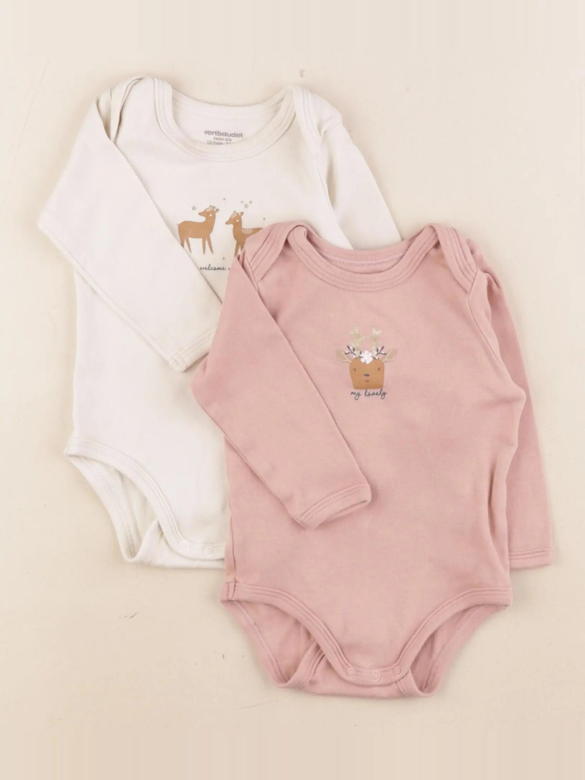 Vertbaudet - lot de 2 bodies en coton beige, rose - 12 mois