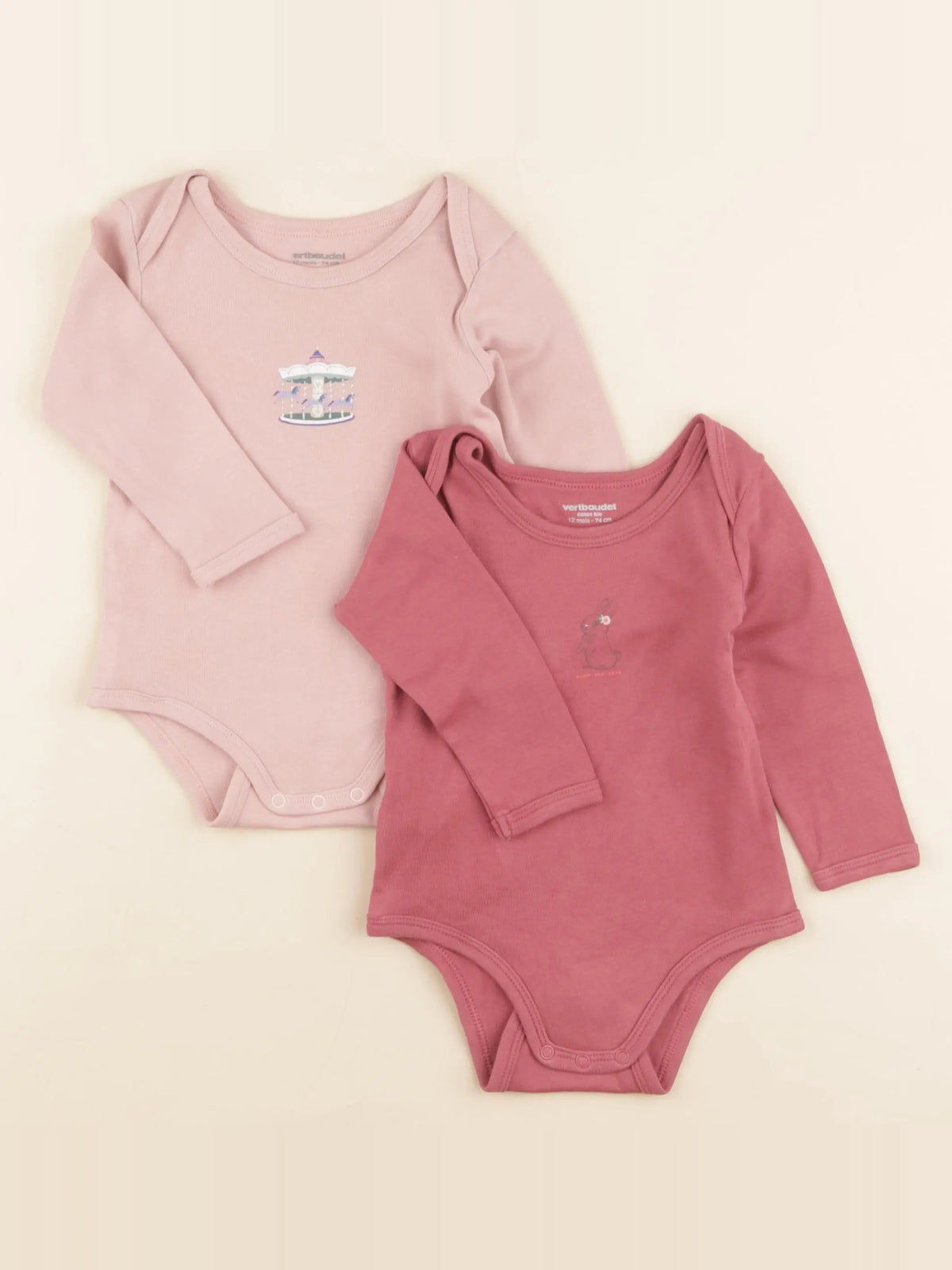 Vertbaudet - lot de 2 bodies en coton rose - 12 mois