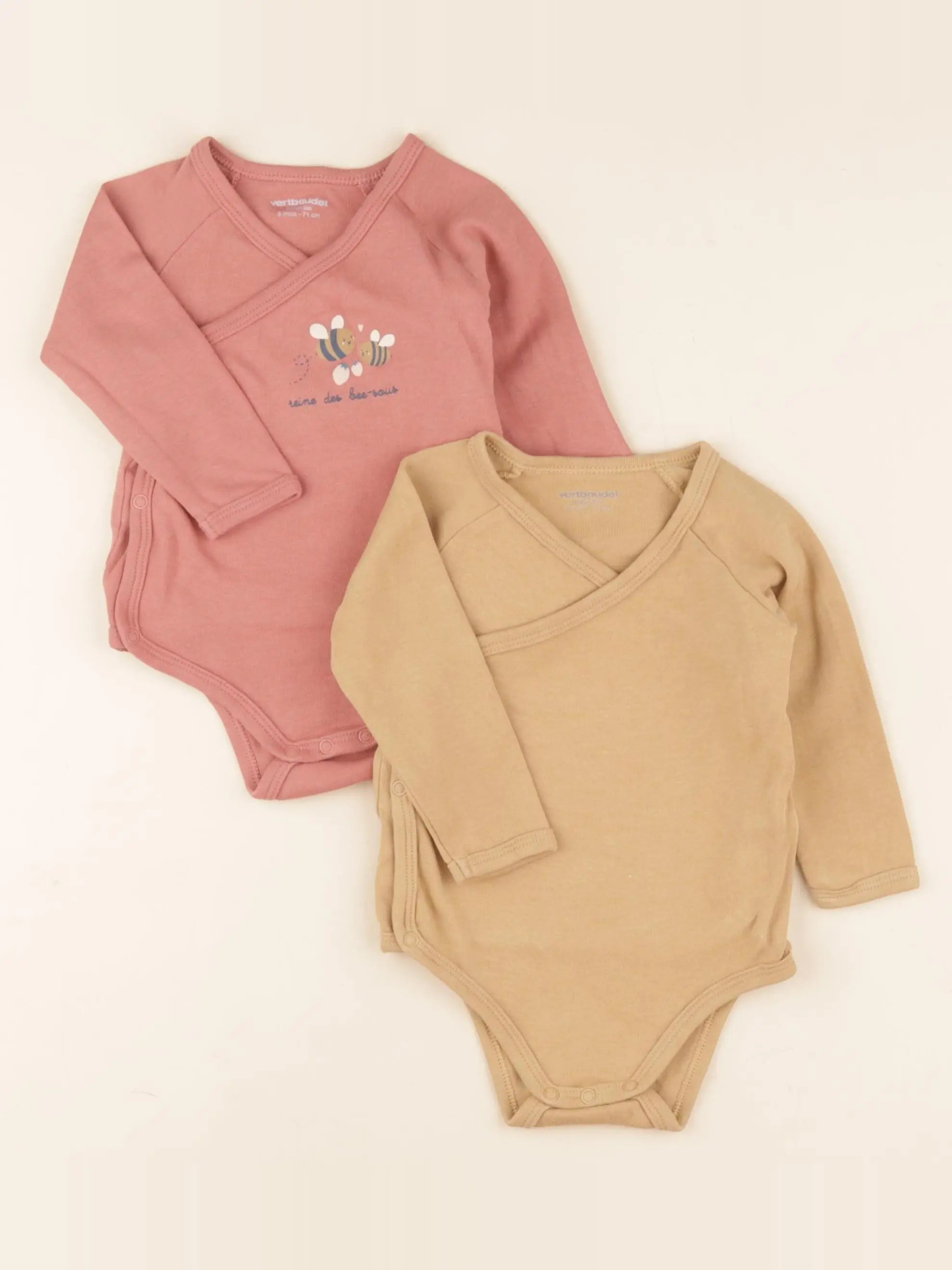 Vertbaudet - lot de 2 bodies en coton rose, marron - 9 mois