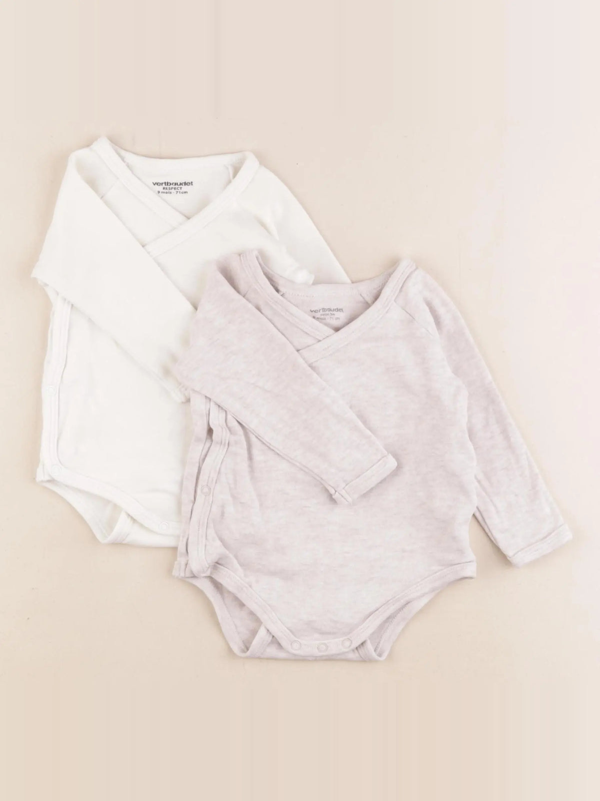Vertbaudet - lot de 2 bodies en coton blanc, beige - 9 mois