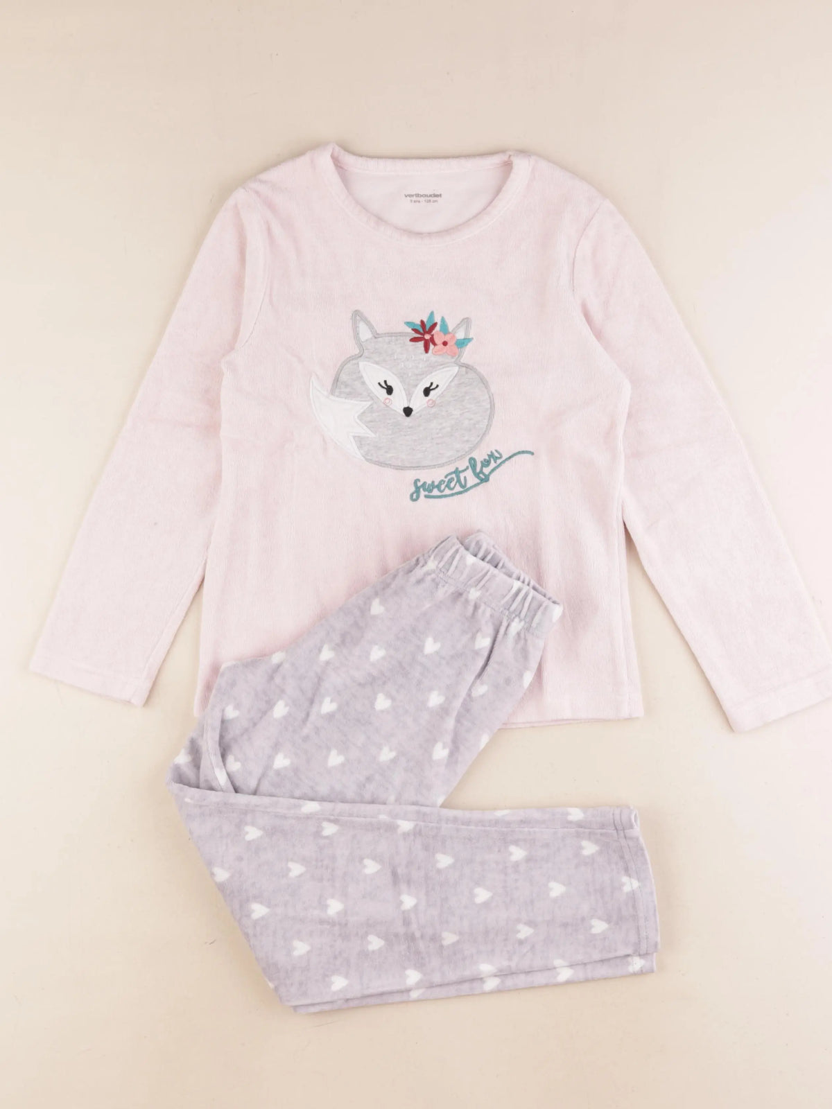 Vertbaudet - pyjama velours rose, gris - 8 ans