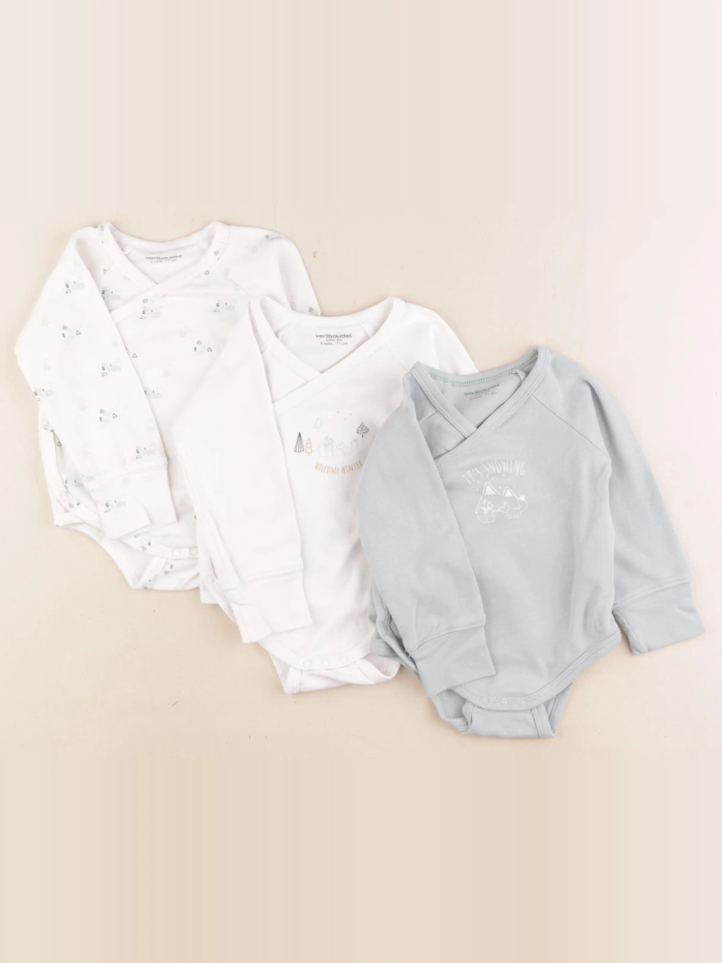 Vertbaudet - lot de 3 bodies en coton blanc, vert - 9 mois