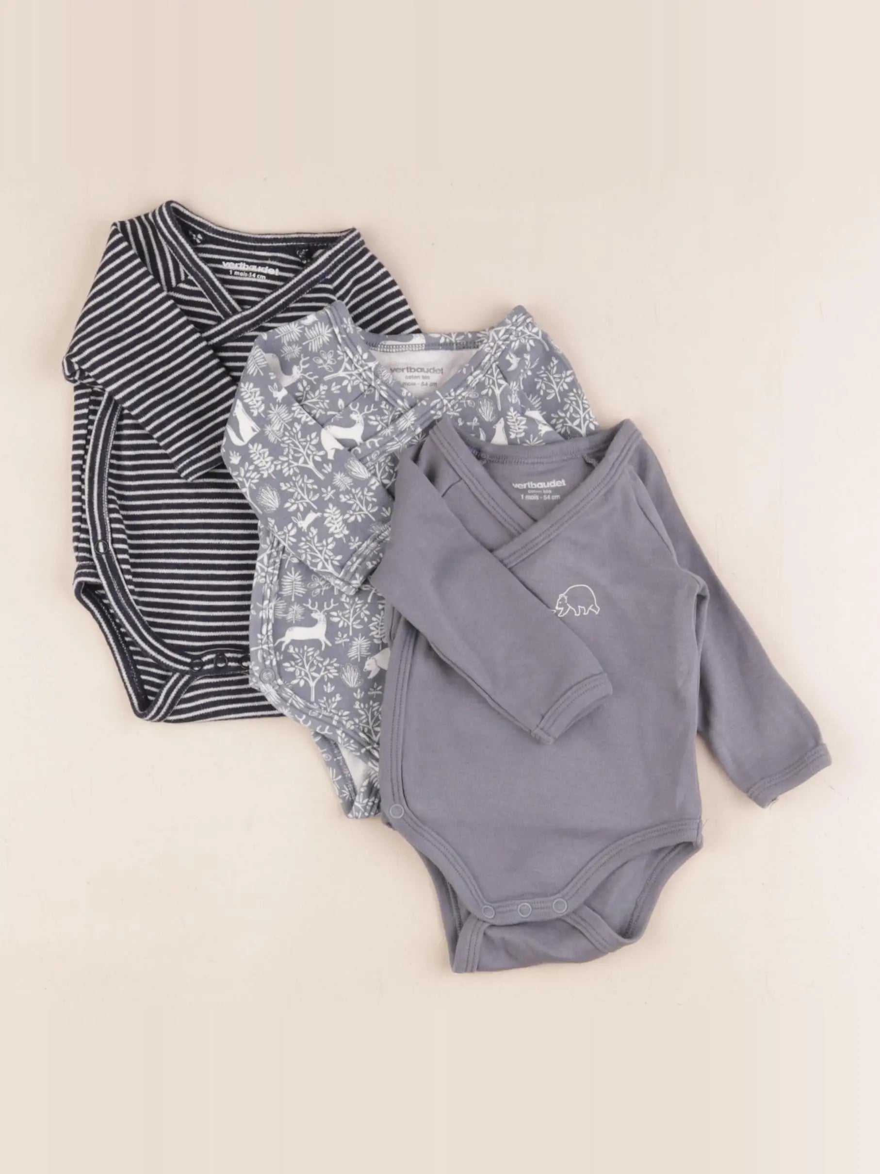 Vertbaudet - lot de 3 bodies en coton bleu - 1 mois