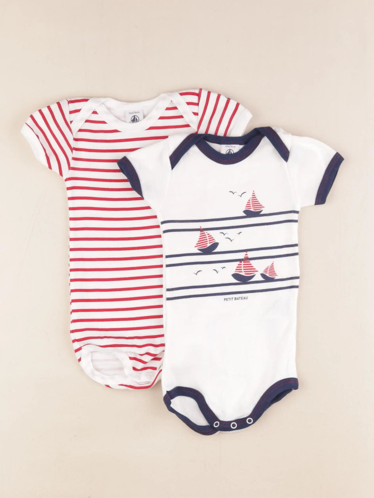 Petit Bateau - lot de 2 bodies en coton blanc, bleu, rouge - 12 mois