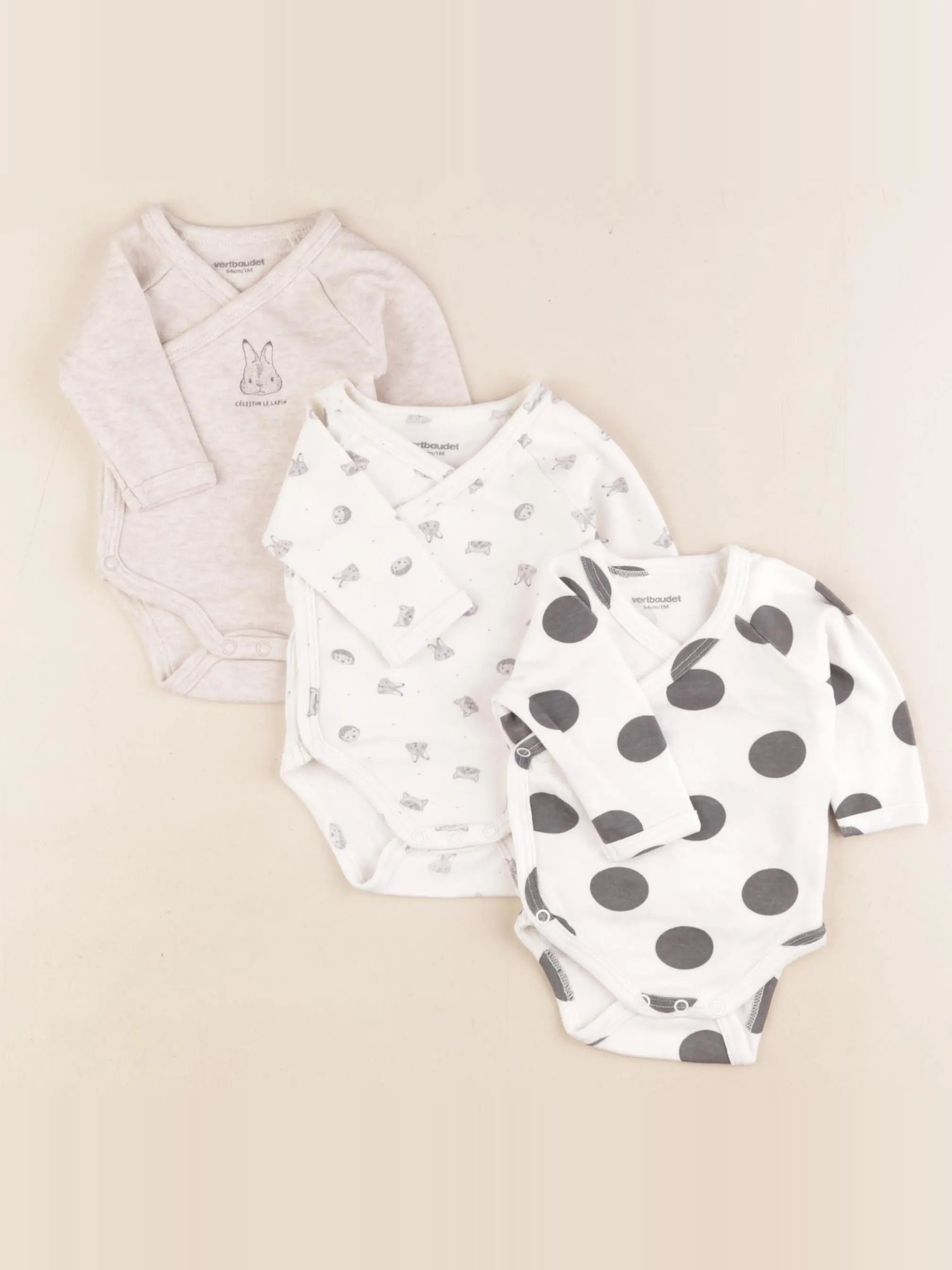 Vertbaudet - lot de 3 bodies en coton blanc, beige - 1 mois