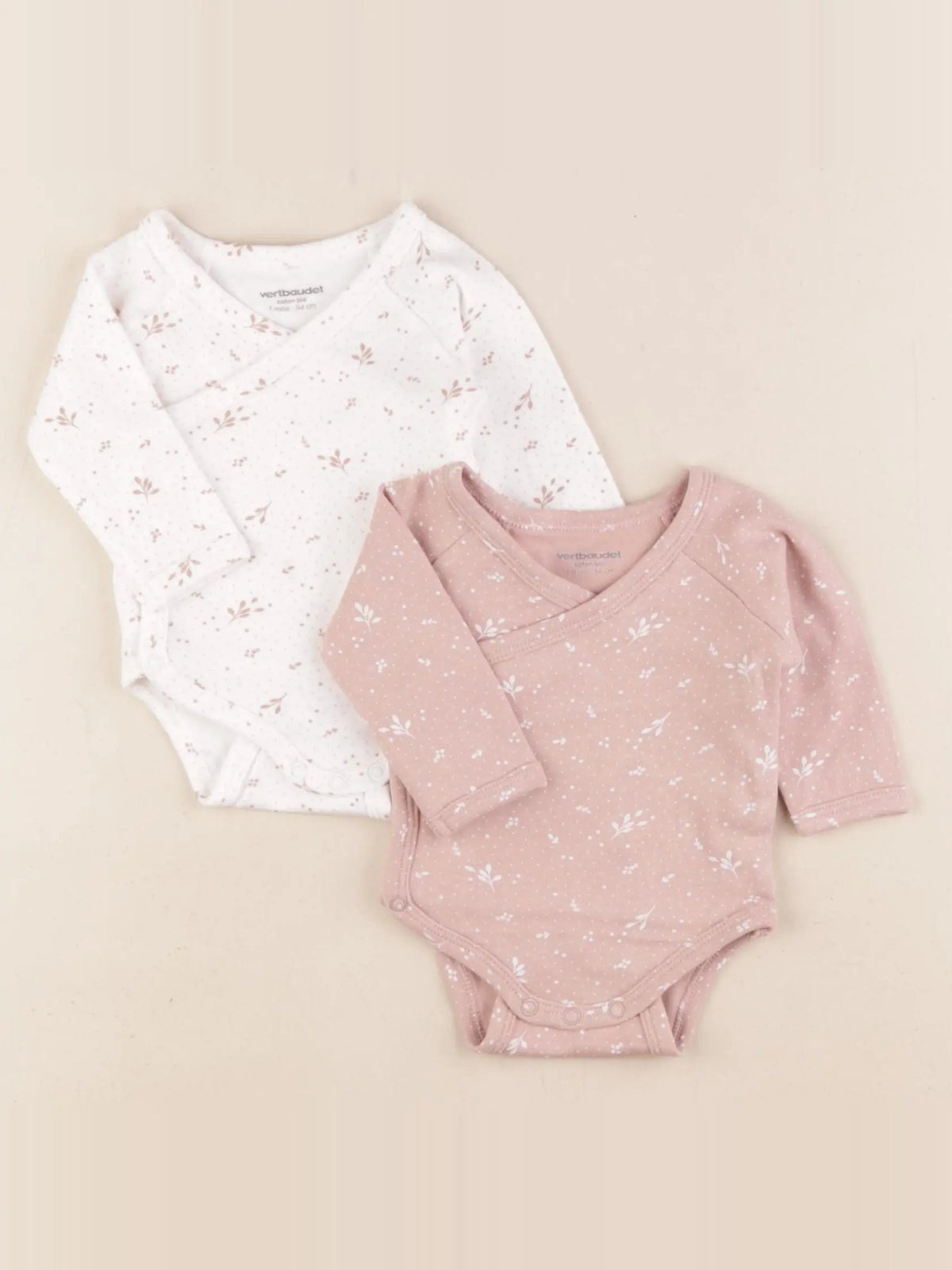 Vertbaudet - lot de 2 bodies en coton rose, blanc - 1 mois
