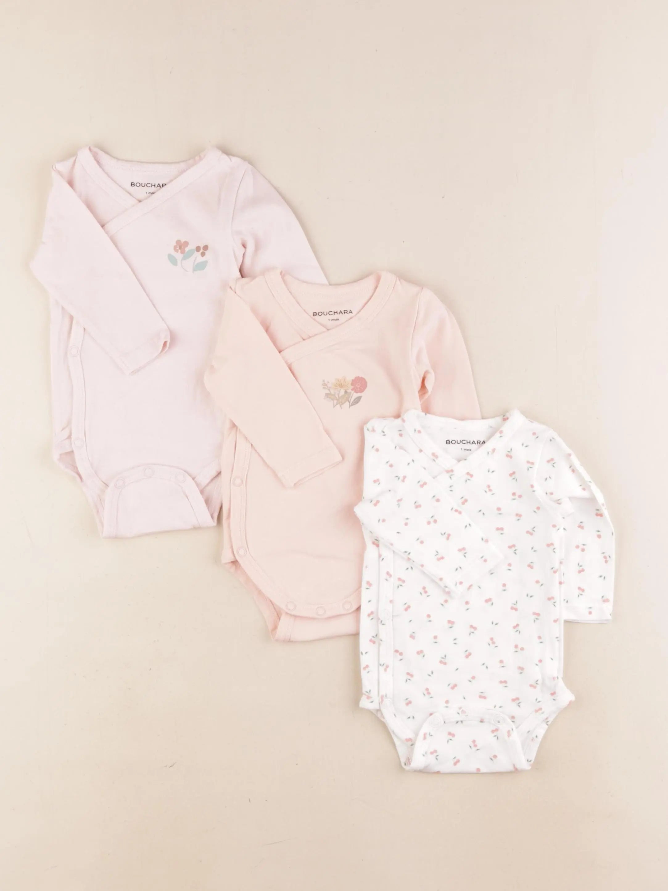 Bouchara - lot de 3 bodies en coton blanc, rose - 1 mois