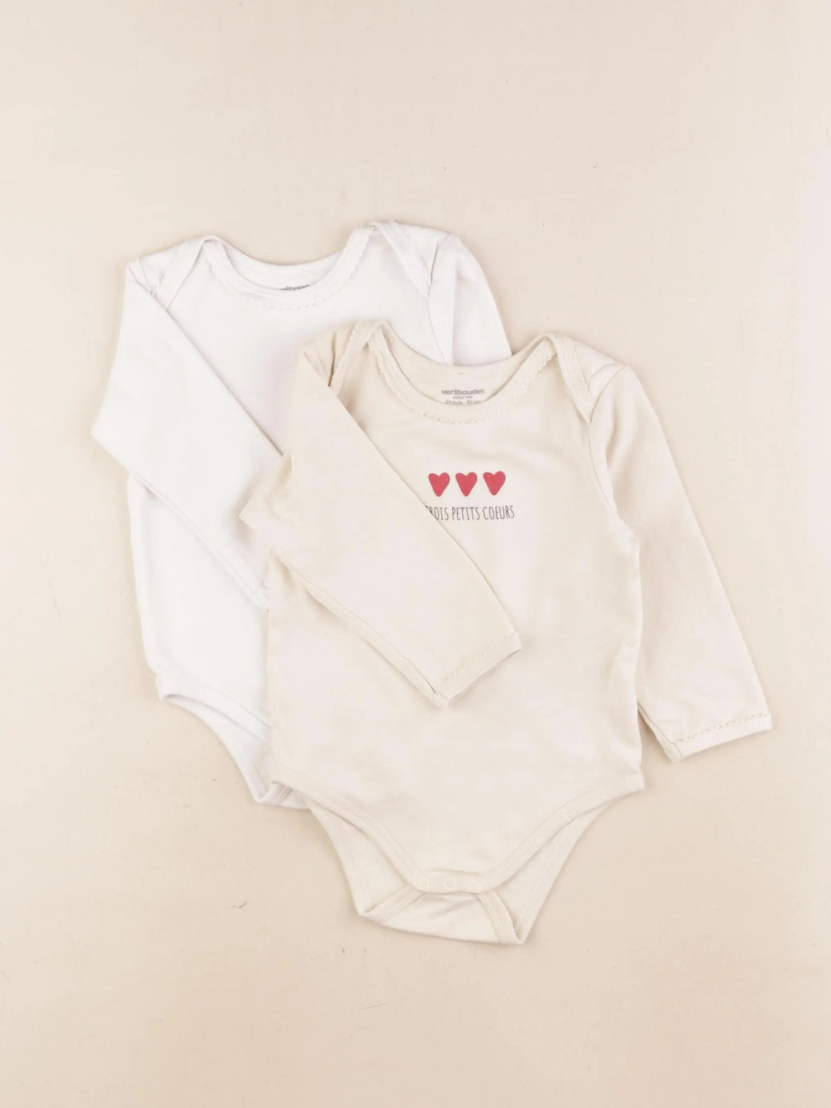 Vertbaudet - lot de 2 bodies en coton beige, blanc - 24 mois