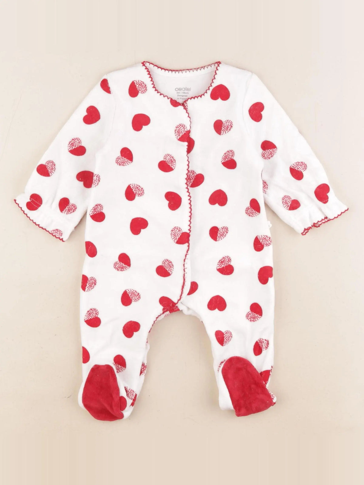 Obaïbi - pyjama velours blanc, rouge - 3 mois