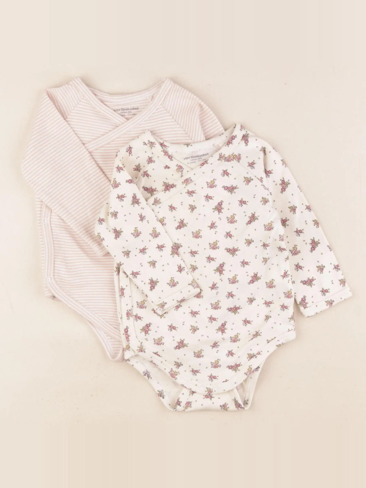 Vertbaudet - lot de 2 bodies en coton rose, beige - 9 mois
