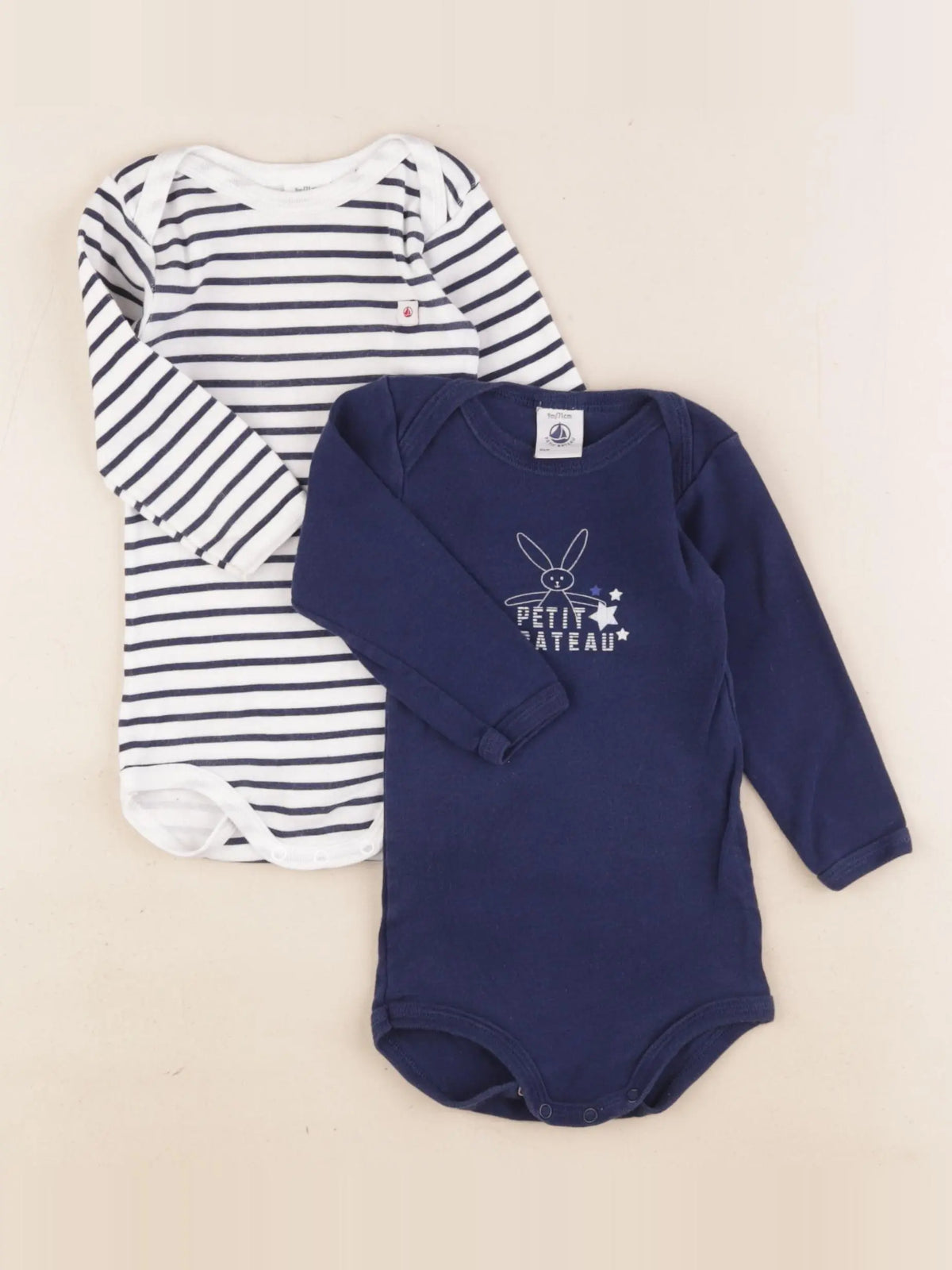 Petit Bateau - lot de 2 bodies en coton blanc, bleu - 9 mois