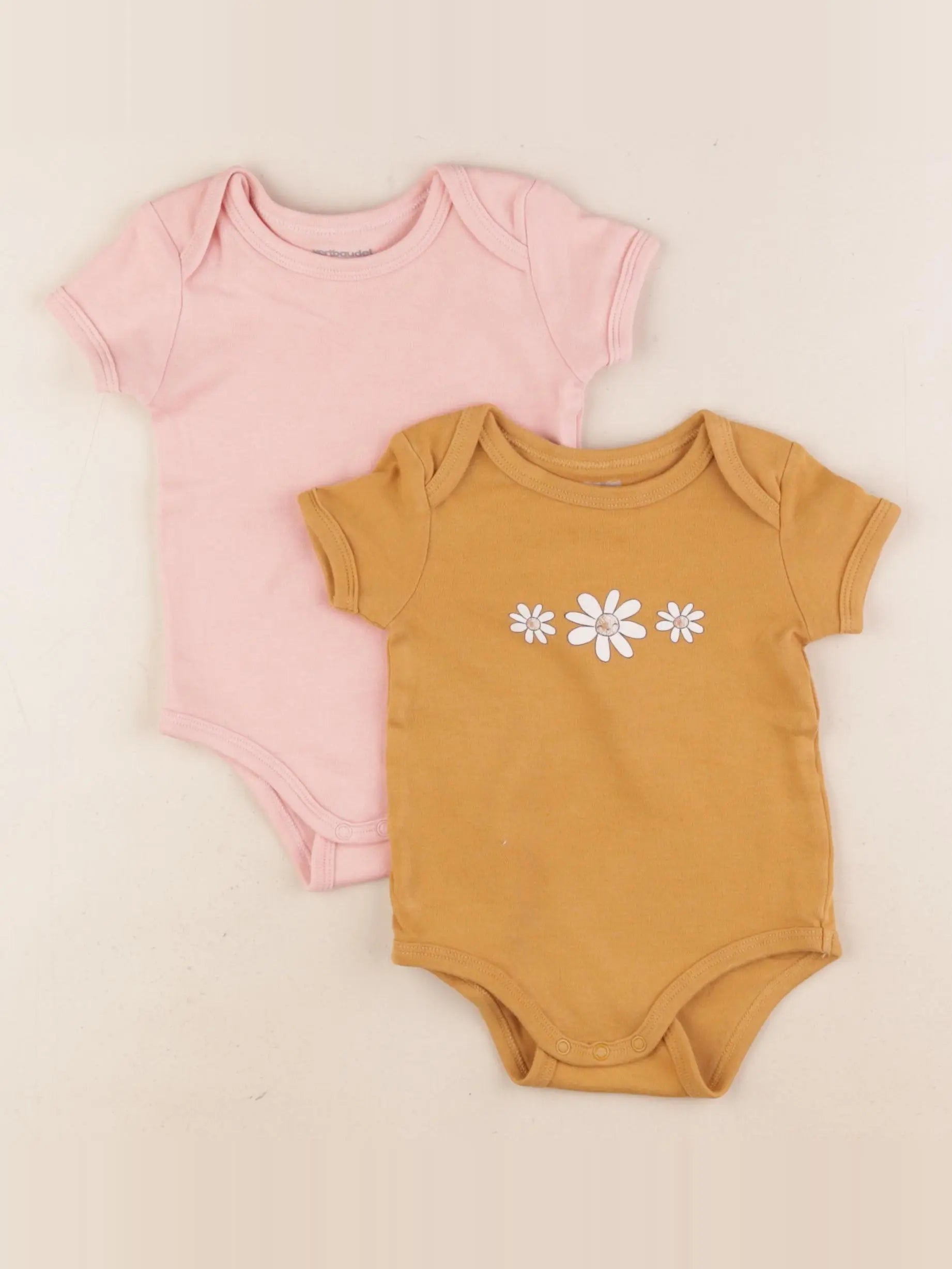 Vertbaudet - lot de 2 bodies en coton marron, rose - 9 mois