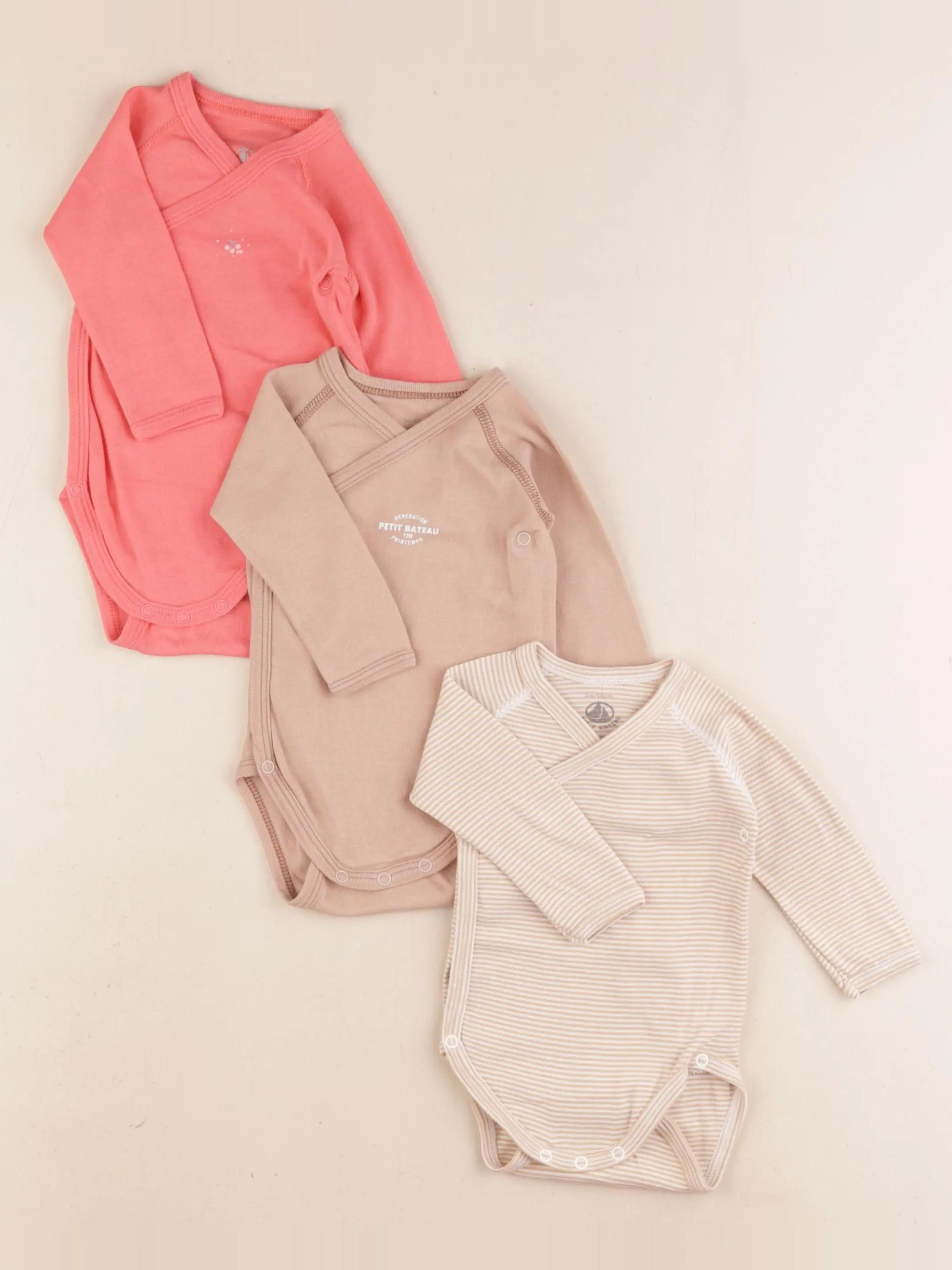 Petit Bateau - lot de 3 bodies en coton rose, beige - 3 mois