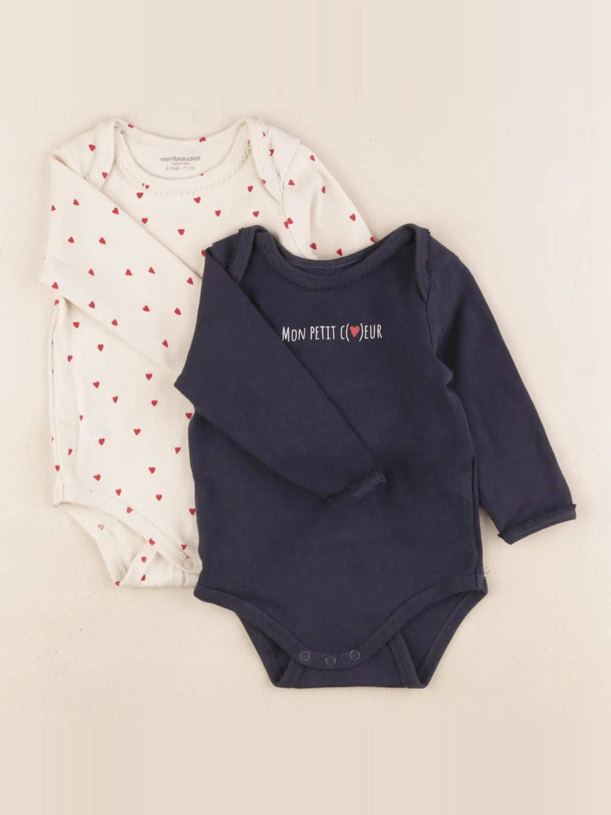 Vertbaudet - lot de 2 bodies en coton beige, bleu - 9 mois