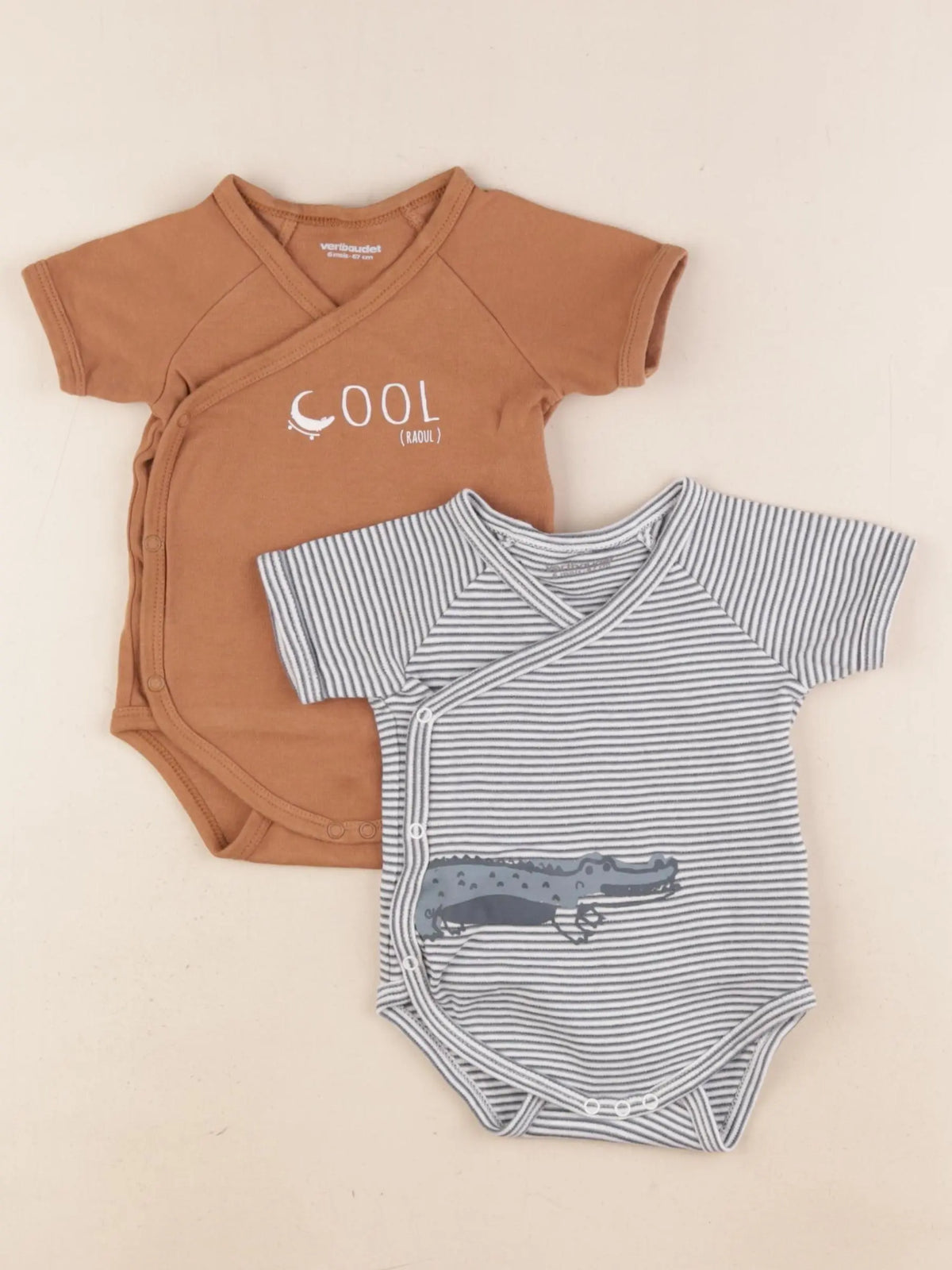 Vertbaudet - lot de 2 bodies en coton bleu, marron - 6 mois
