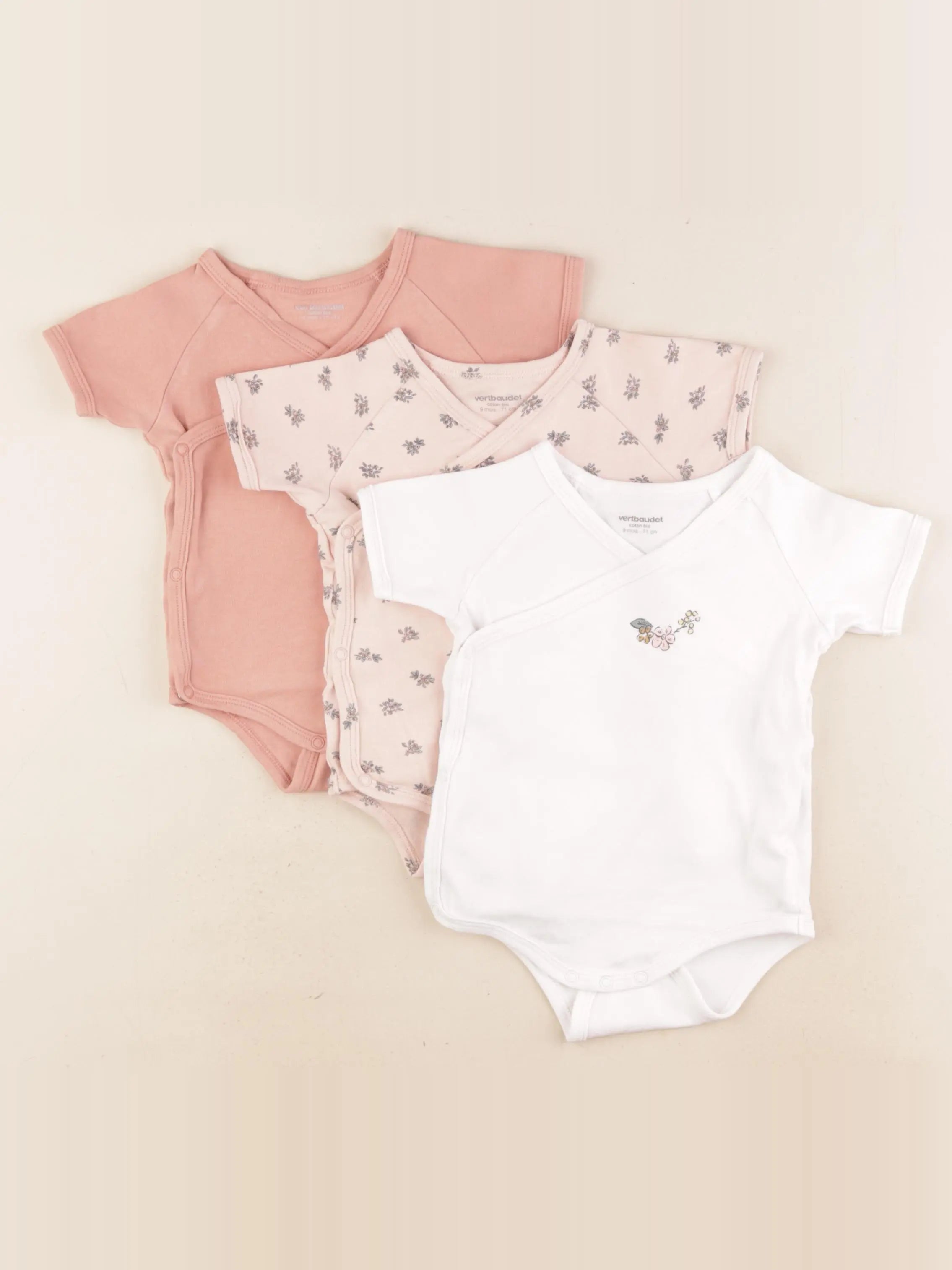 Vertbaudet - lot de 3 bodies en coton rose, blanc - 9 mois