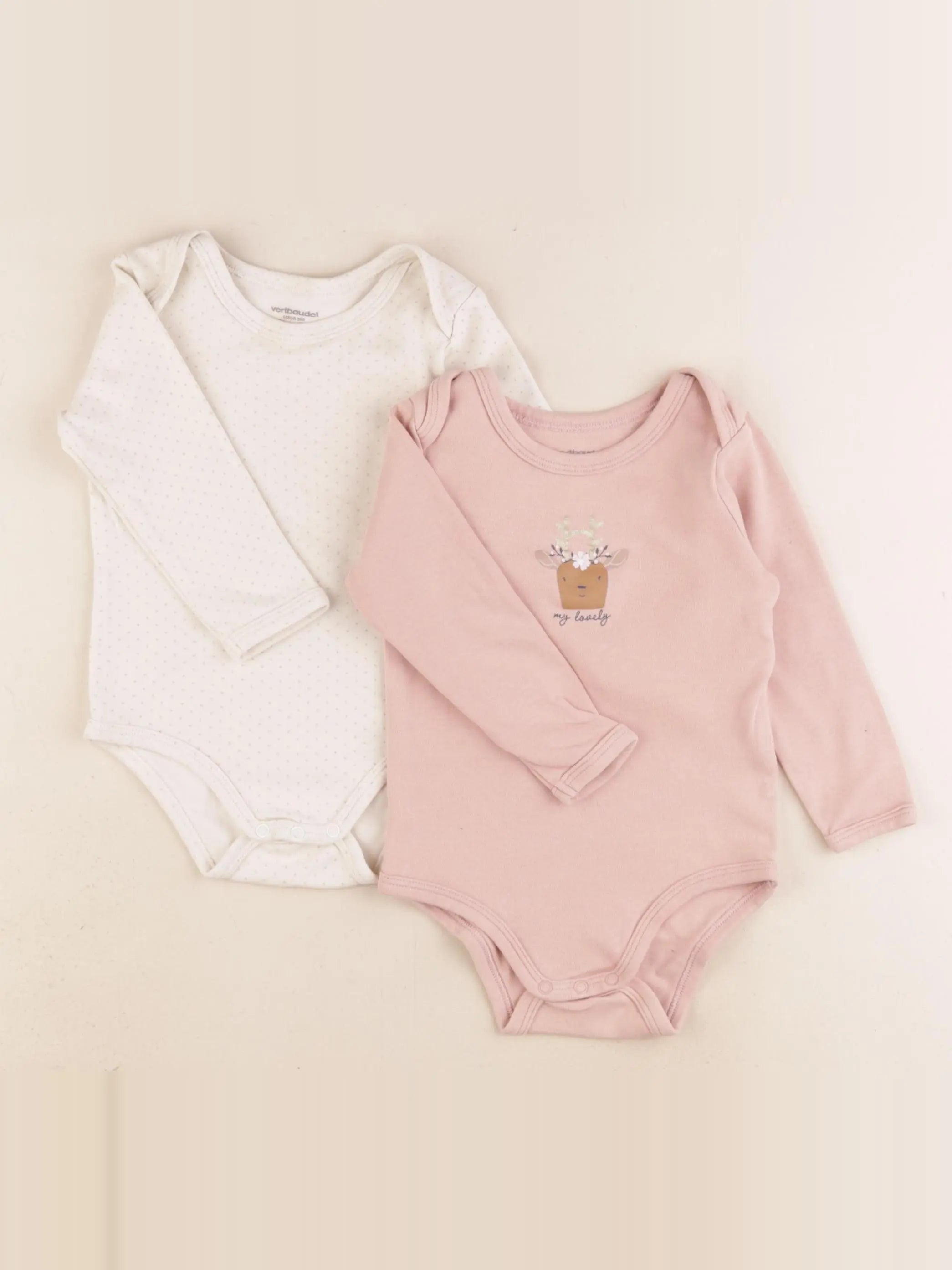 Vertbaudet - lot de 2 bodies en coton beige, rose - 18 mois