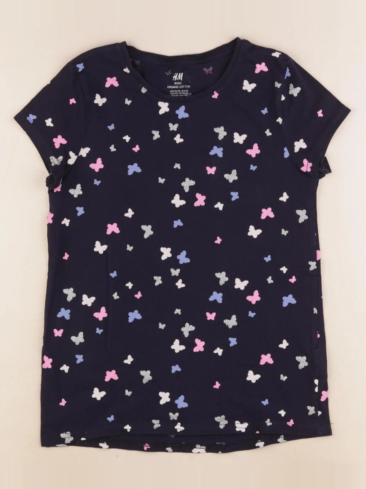 H&M - tee-shirt bleu, rose, argent - 8/10 ans