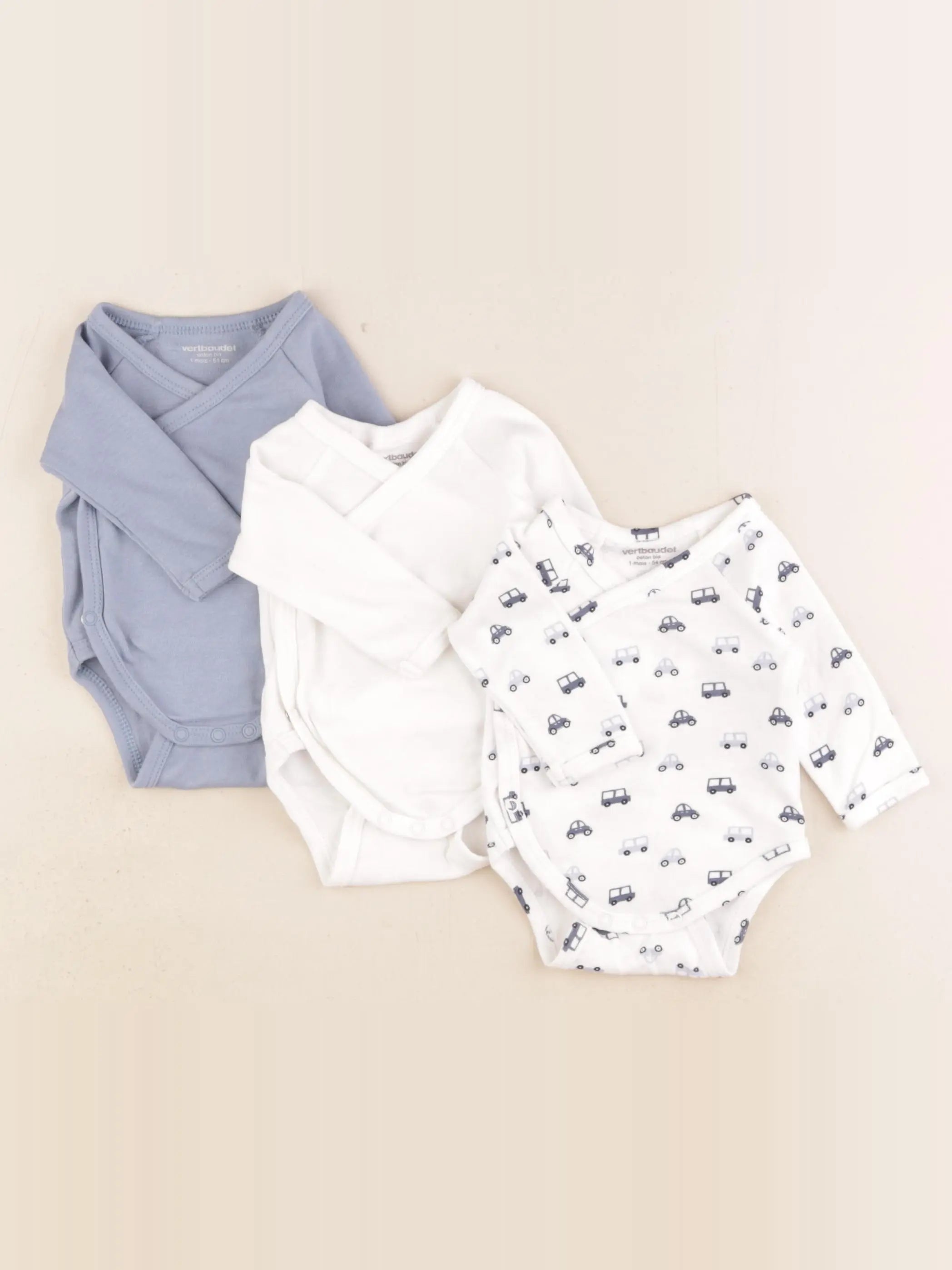 Vertbaudet - lot de 3 bodies en coton blanc, bleu - 1 mois