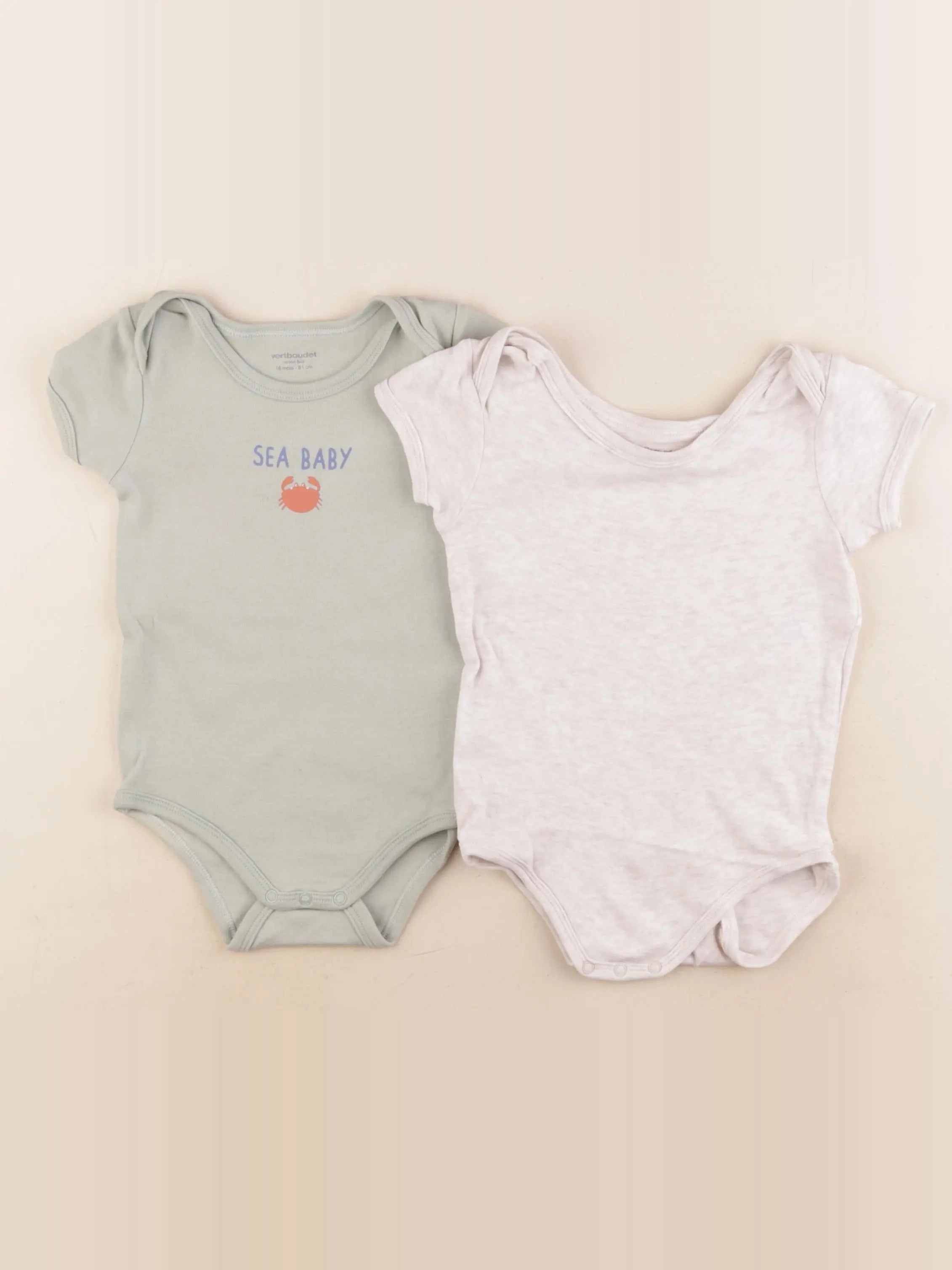 Vertbaudet - lot de 2 bodies en coton vert, beige - 18 mois