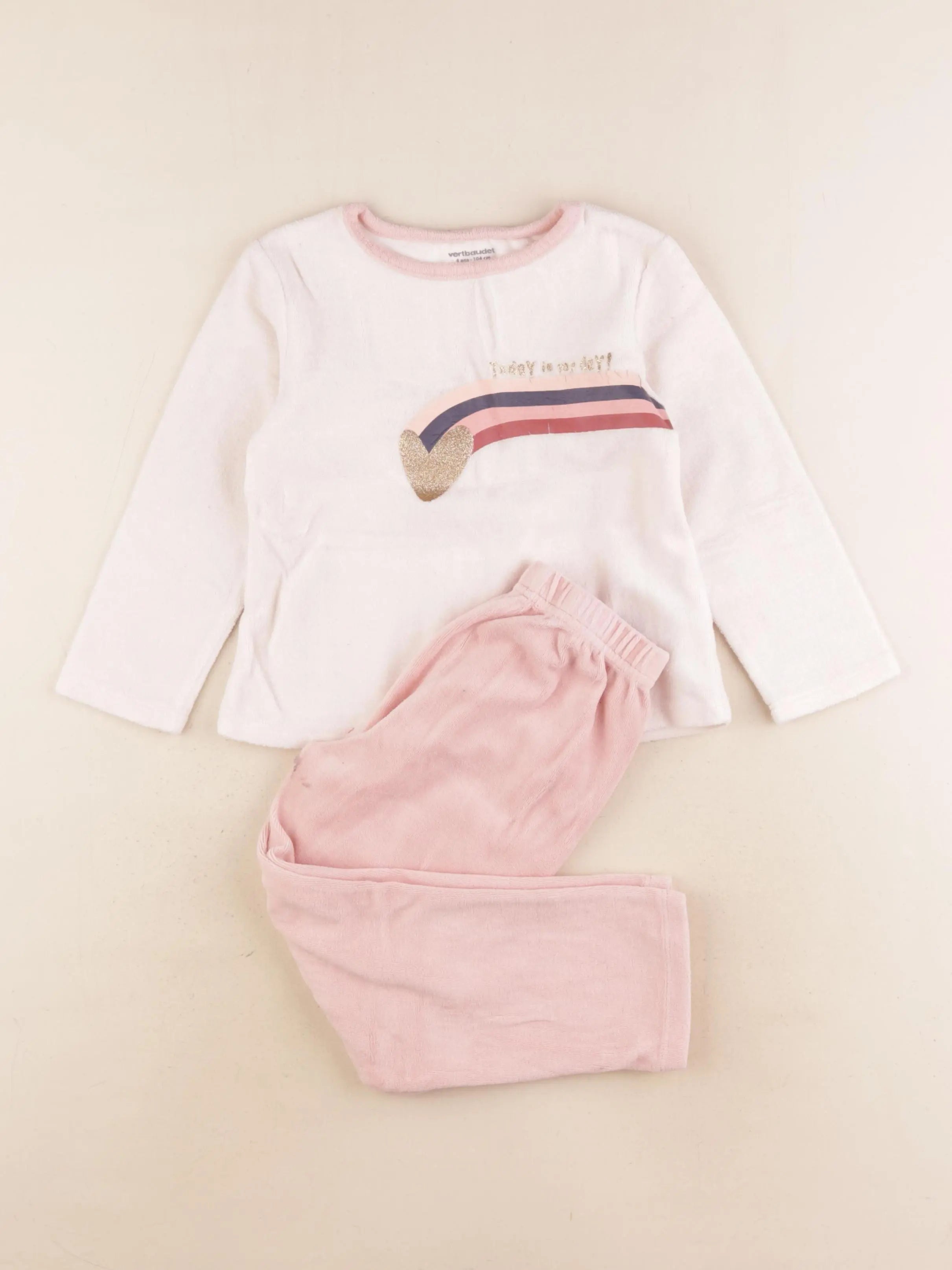Vertbaudet - pyjama velours rose, blanc - 4 ans