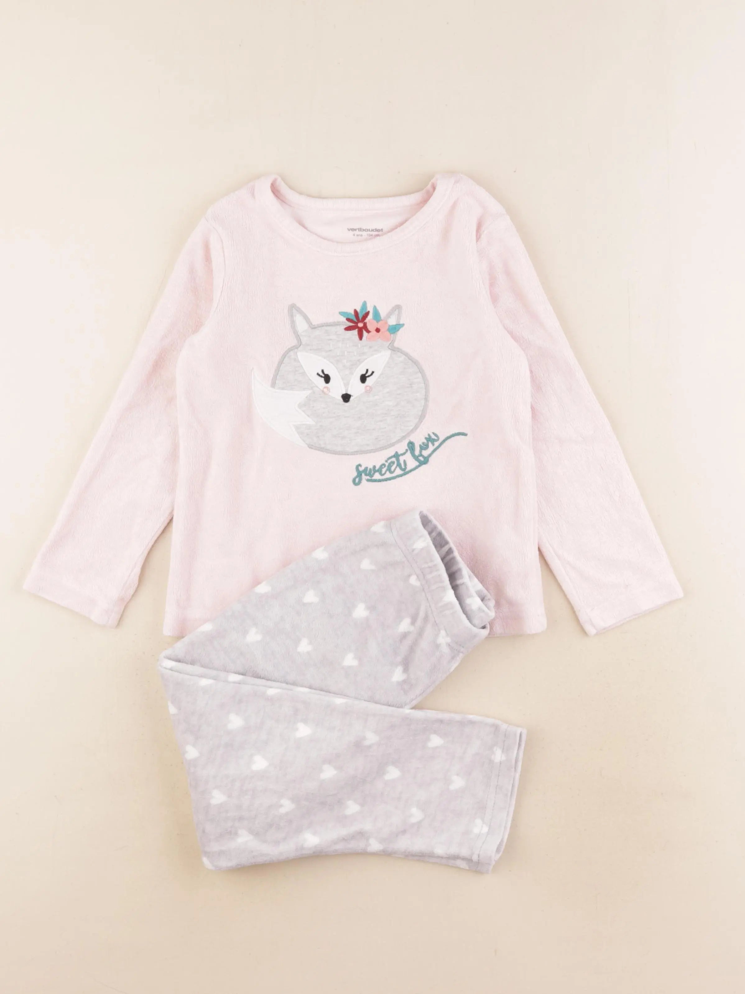 Vertbaudet - pyjama velours gris, rose - 4 ans