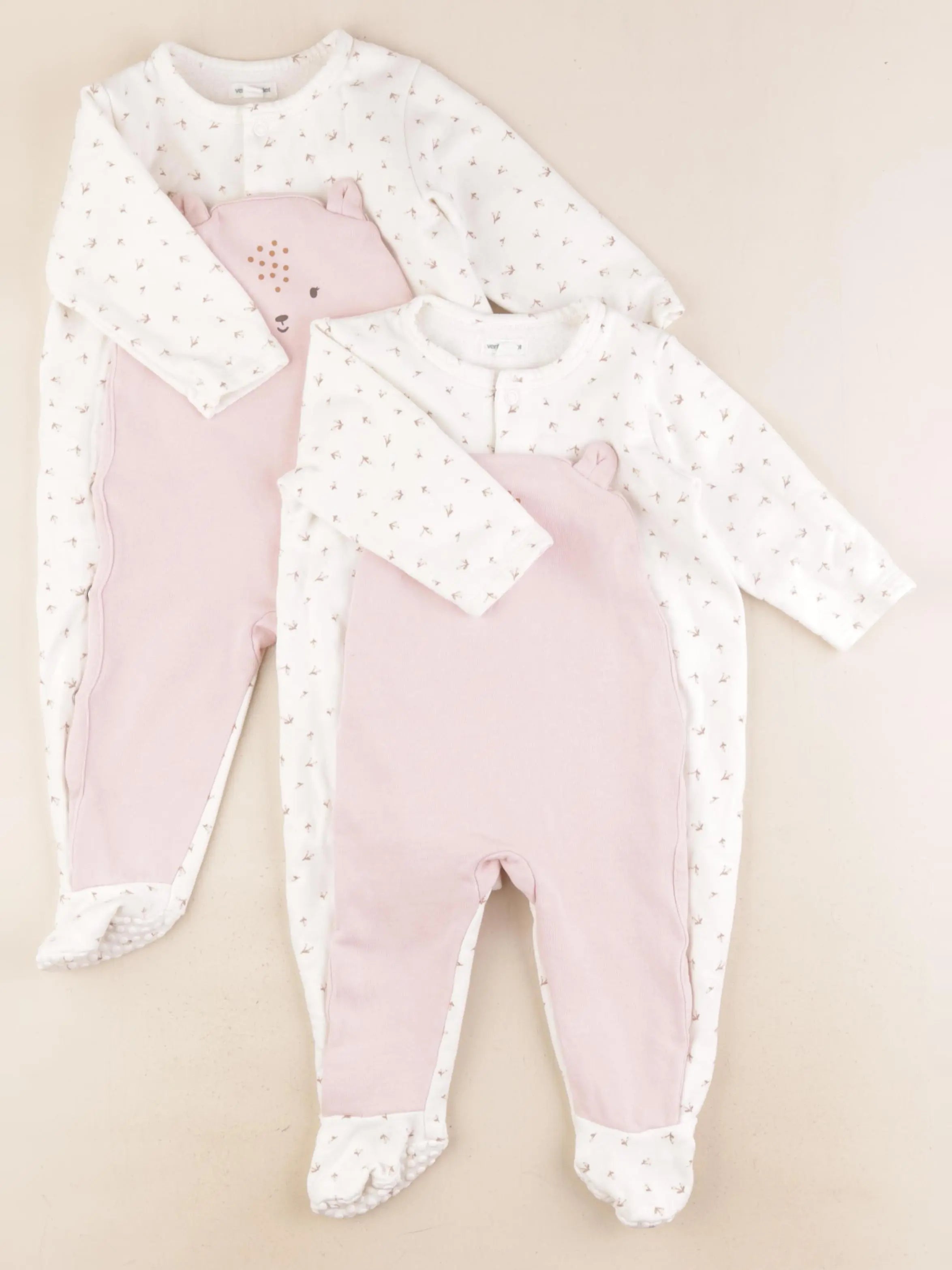 Vertbaudet - lot de 2 pyjamas coton beige, rose - 12 mois