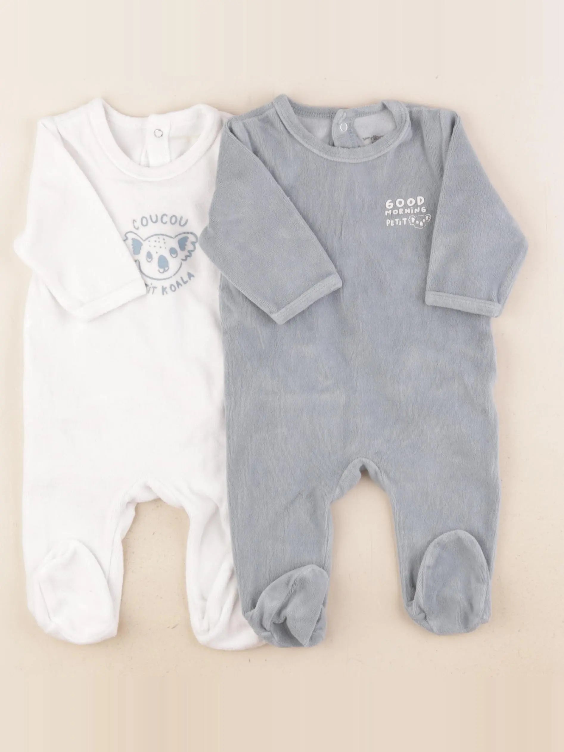 Vertbaudet - lot de 2 pyjamas velours blanc, vert - 3 mois
