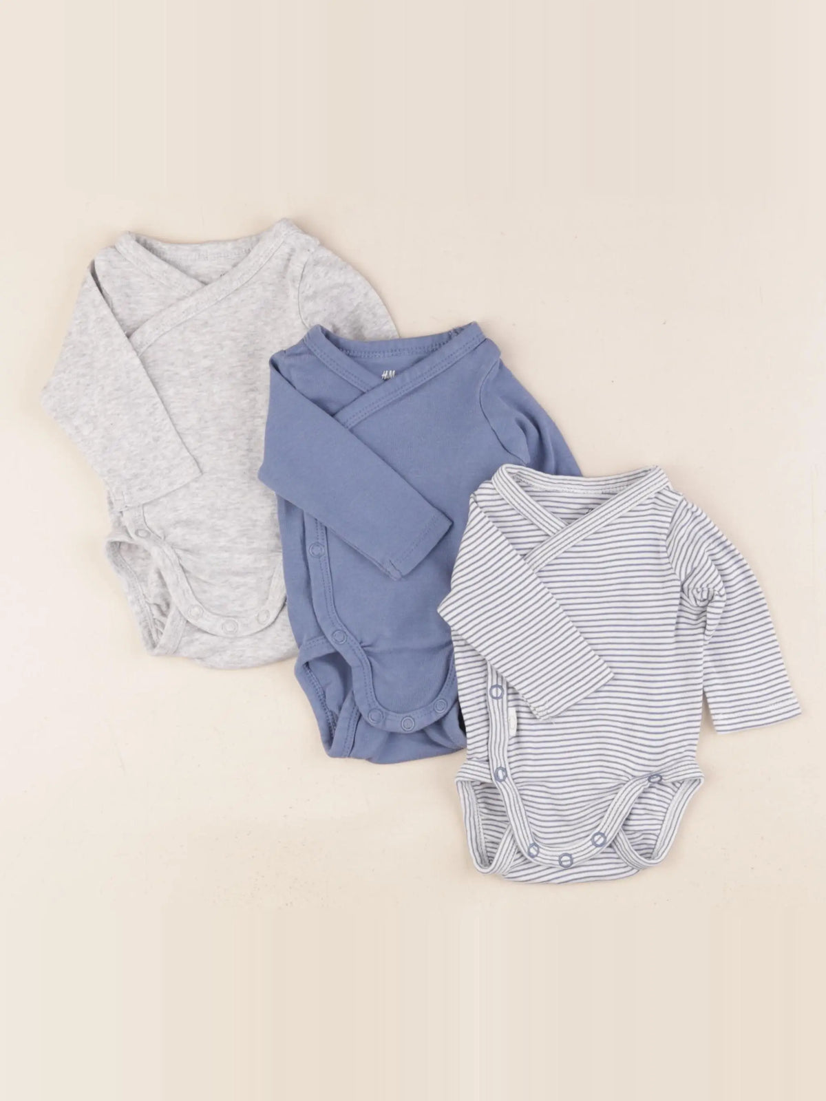 H&M - lot de 3 bodies en coton bleu, gris - 0/1 mois