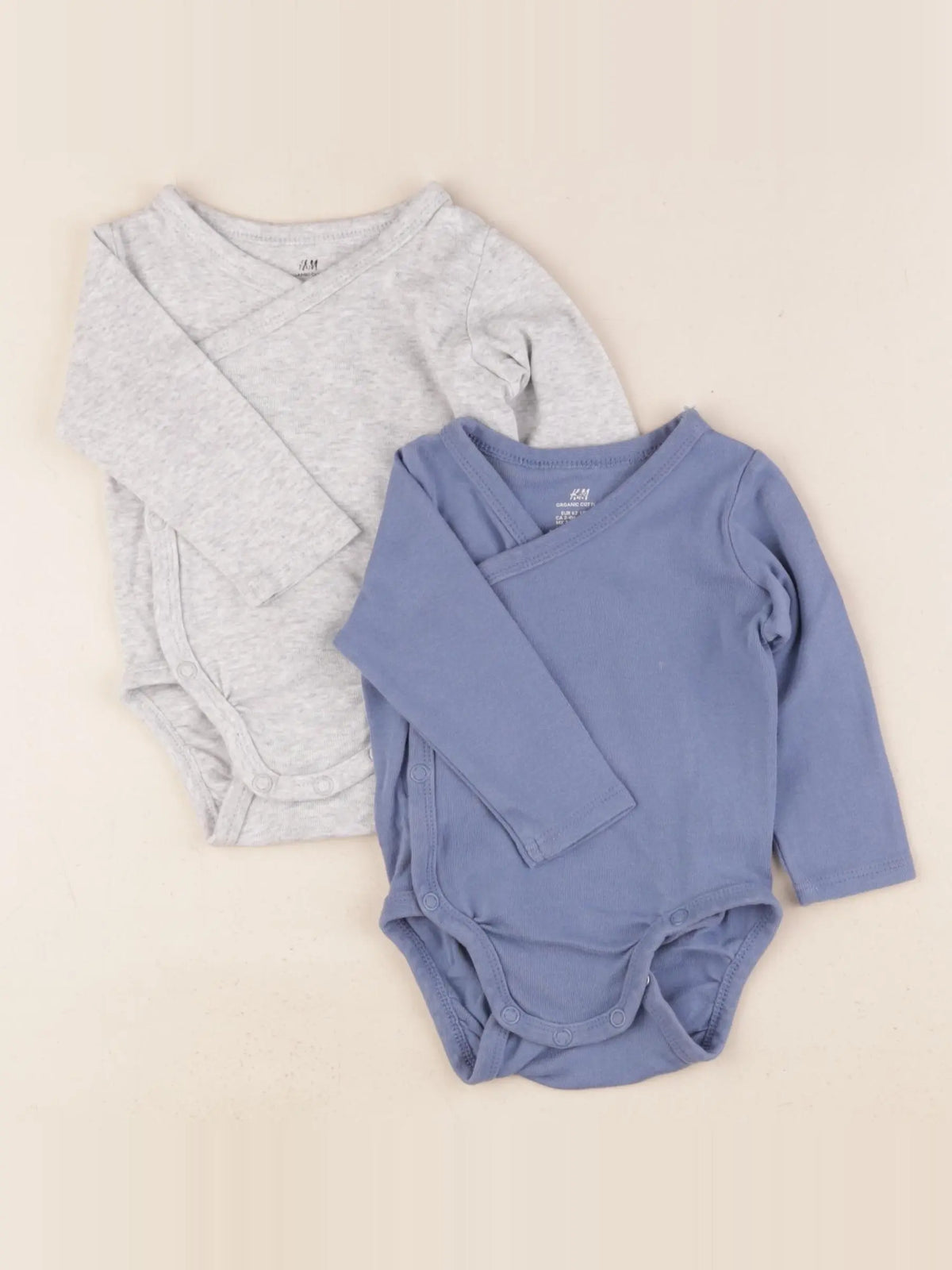 H&M - lot de 2 bodies en coton bleu, gris - 2/4 mois