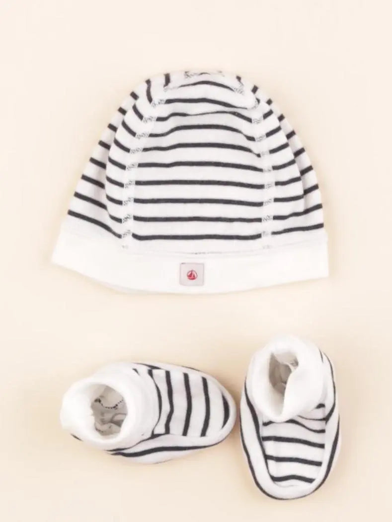 Petit Bateau - ensemble bonnet/chaussons bleu - 0/1 mois