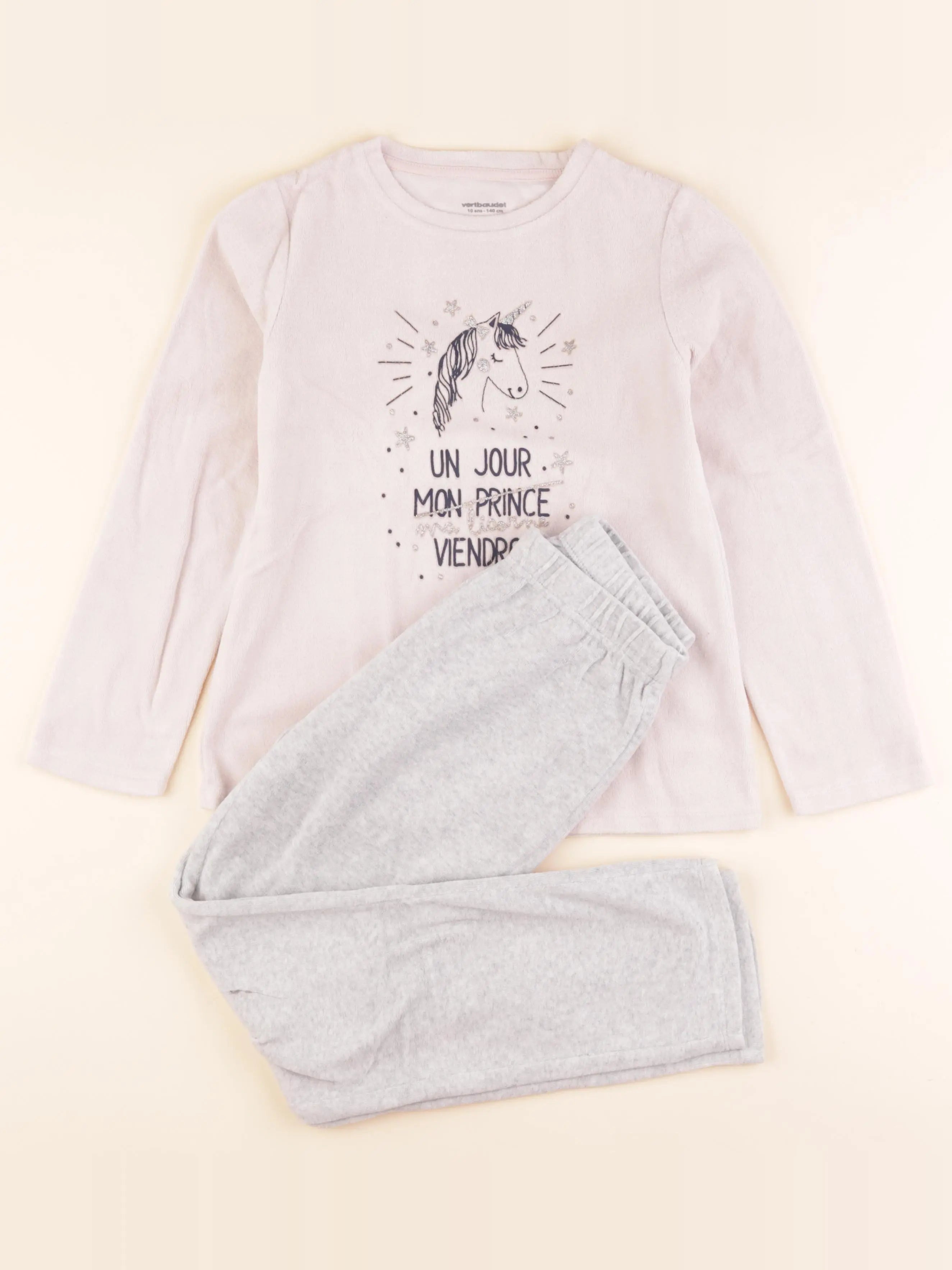 Vertbaudet - pyjama velours rose, gris - 10 ans