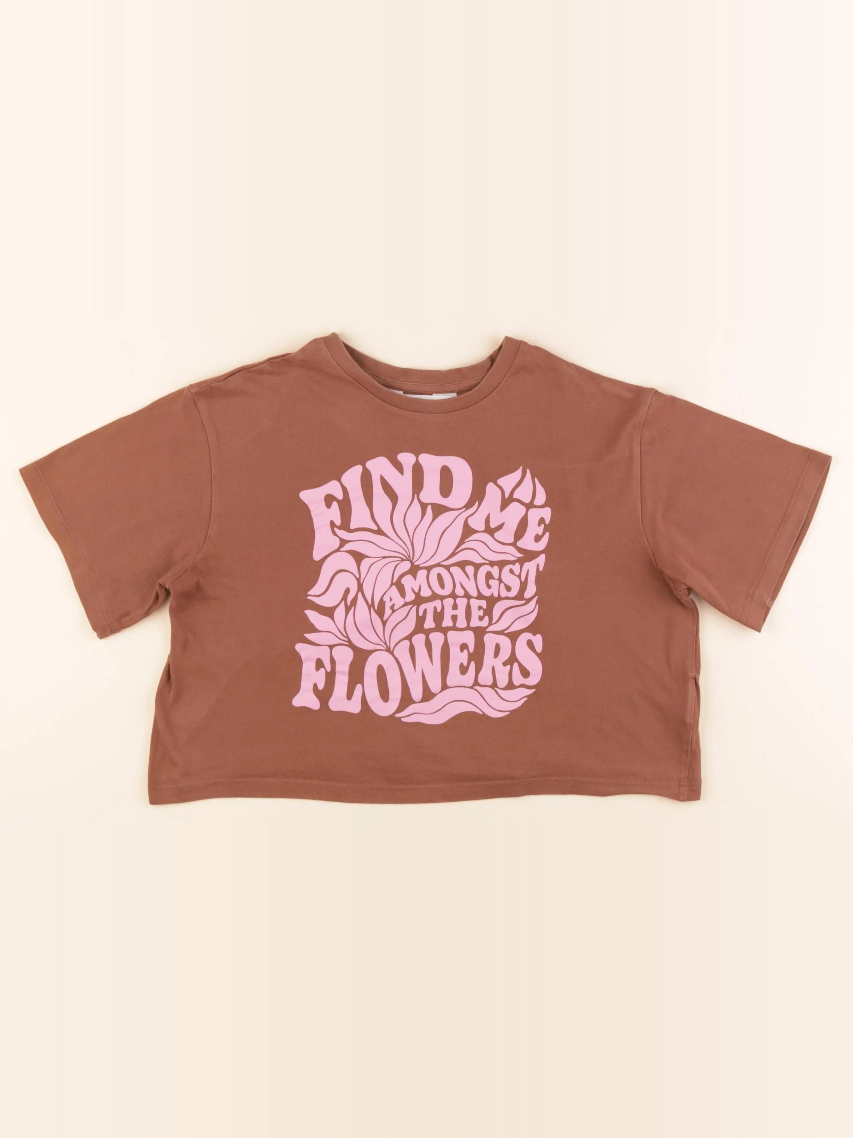 H&M - tee-shirt court marron, rose - 10/12 ans