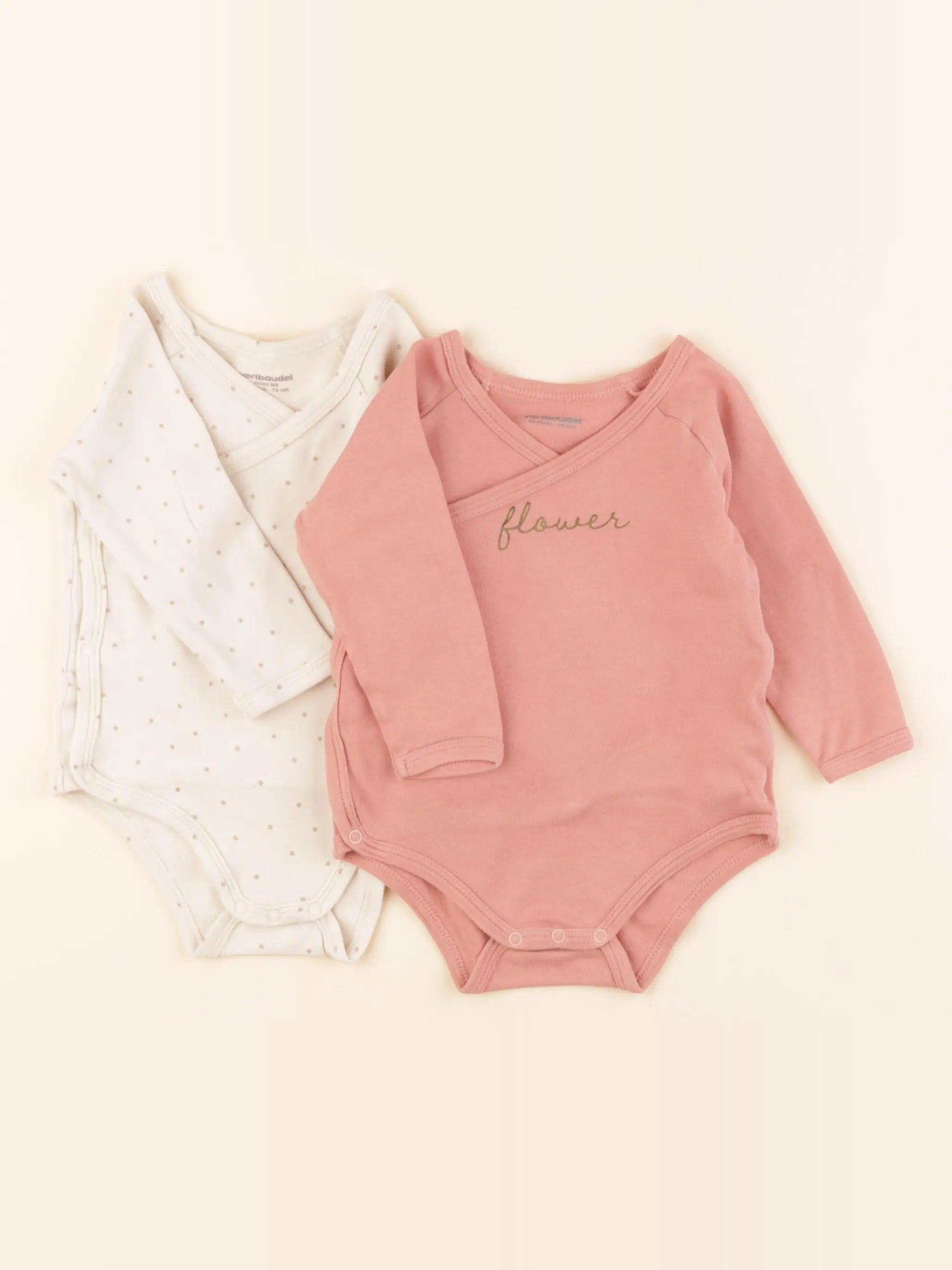 Vertbaudet - lot de 2 bodies en coton beige, rose - 12 mois