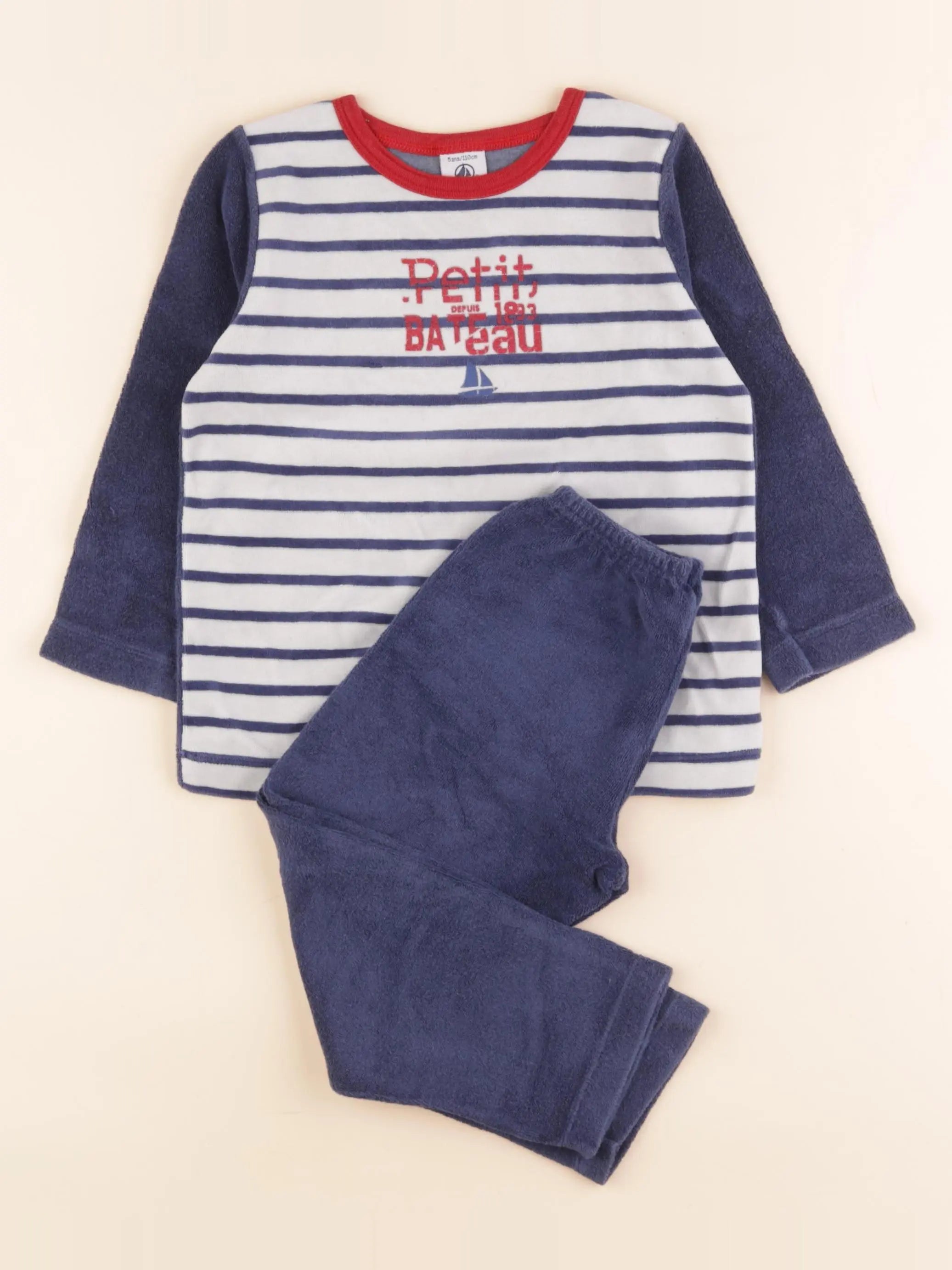 Pyjama velours bleu, blanc
