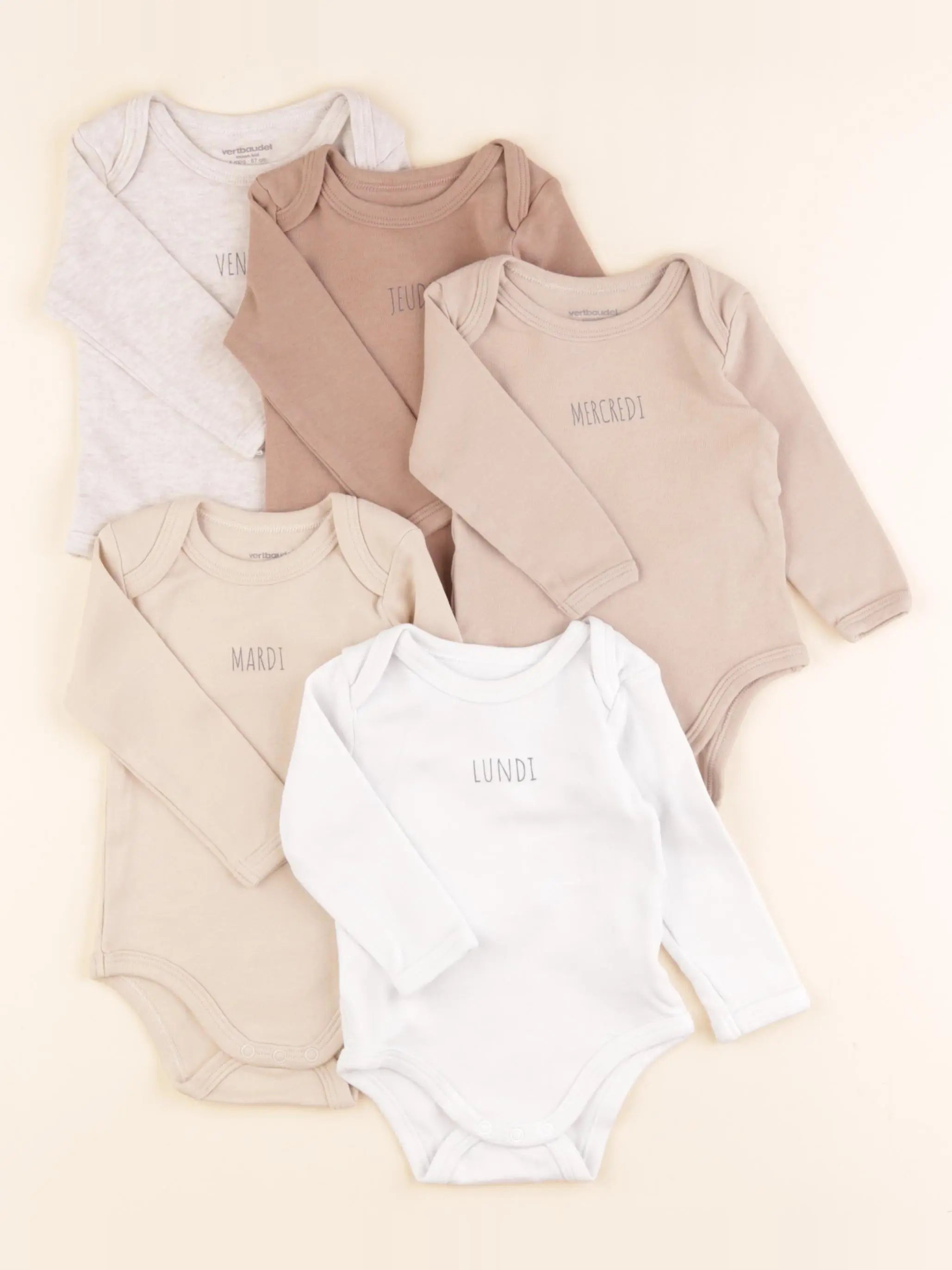 Vertbaudet - lot de 5 bodies en coton beige, marron - 6 mois