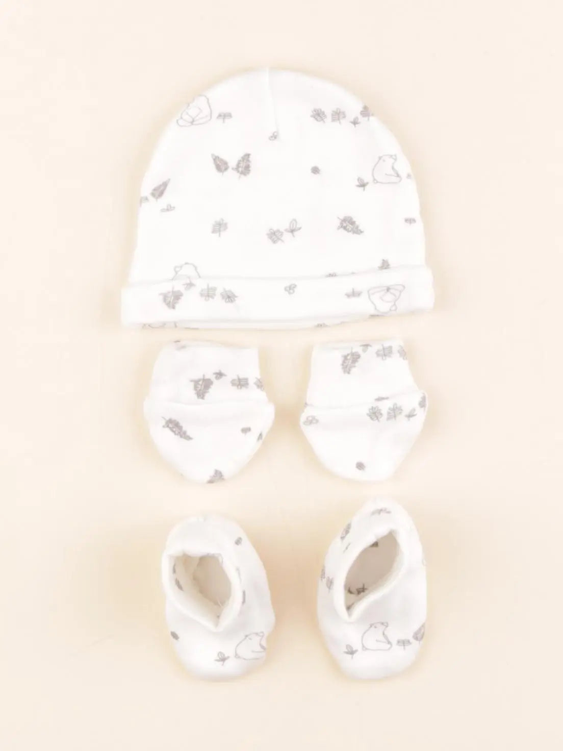Vertbaudet - ensemble bonnet/moufles/chaussons, blanc, gris - 0/1 mois