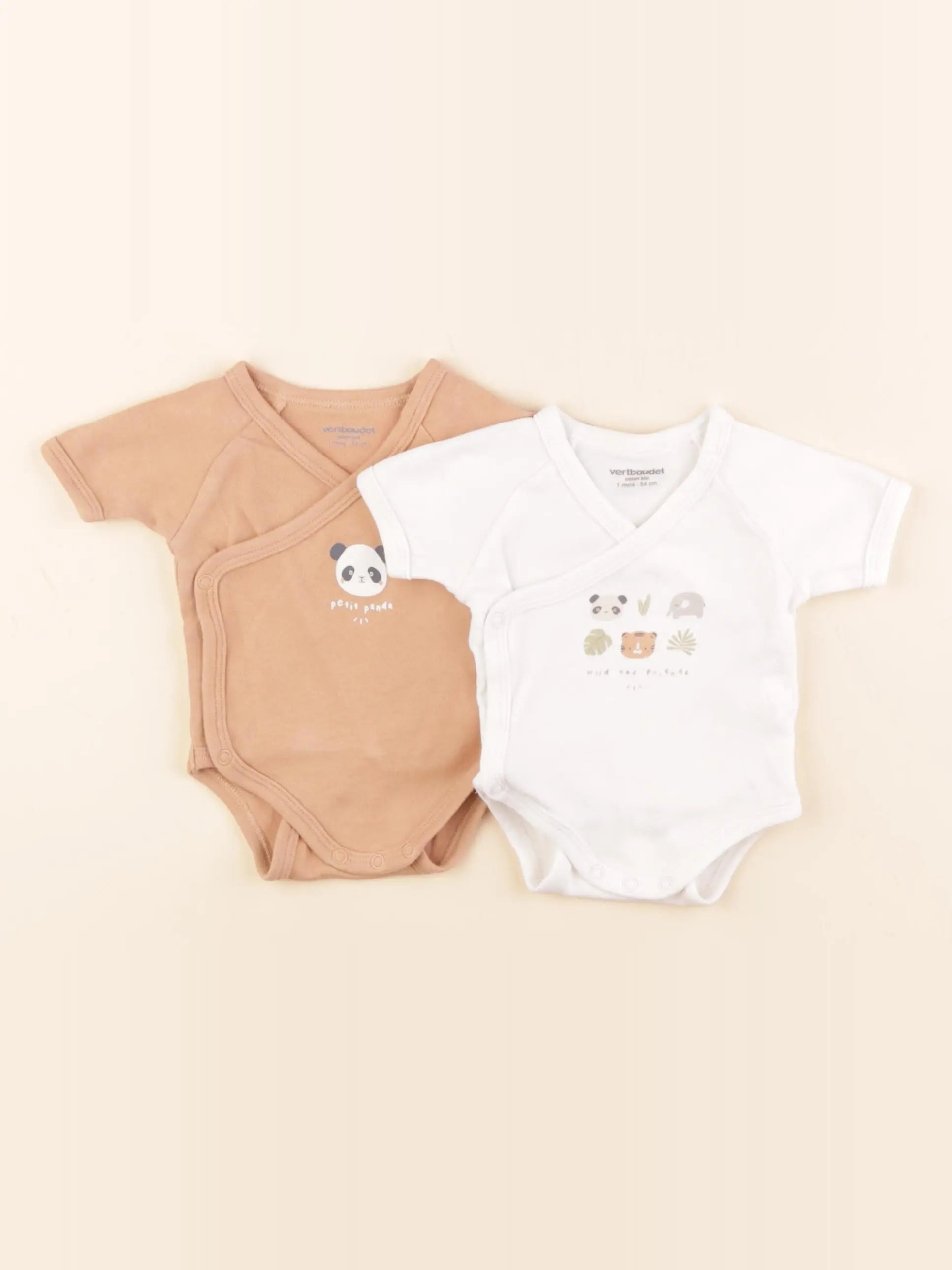 Vertbaudet - lot de 2 bodies en coton blanc, marron - 1 mois