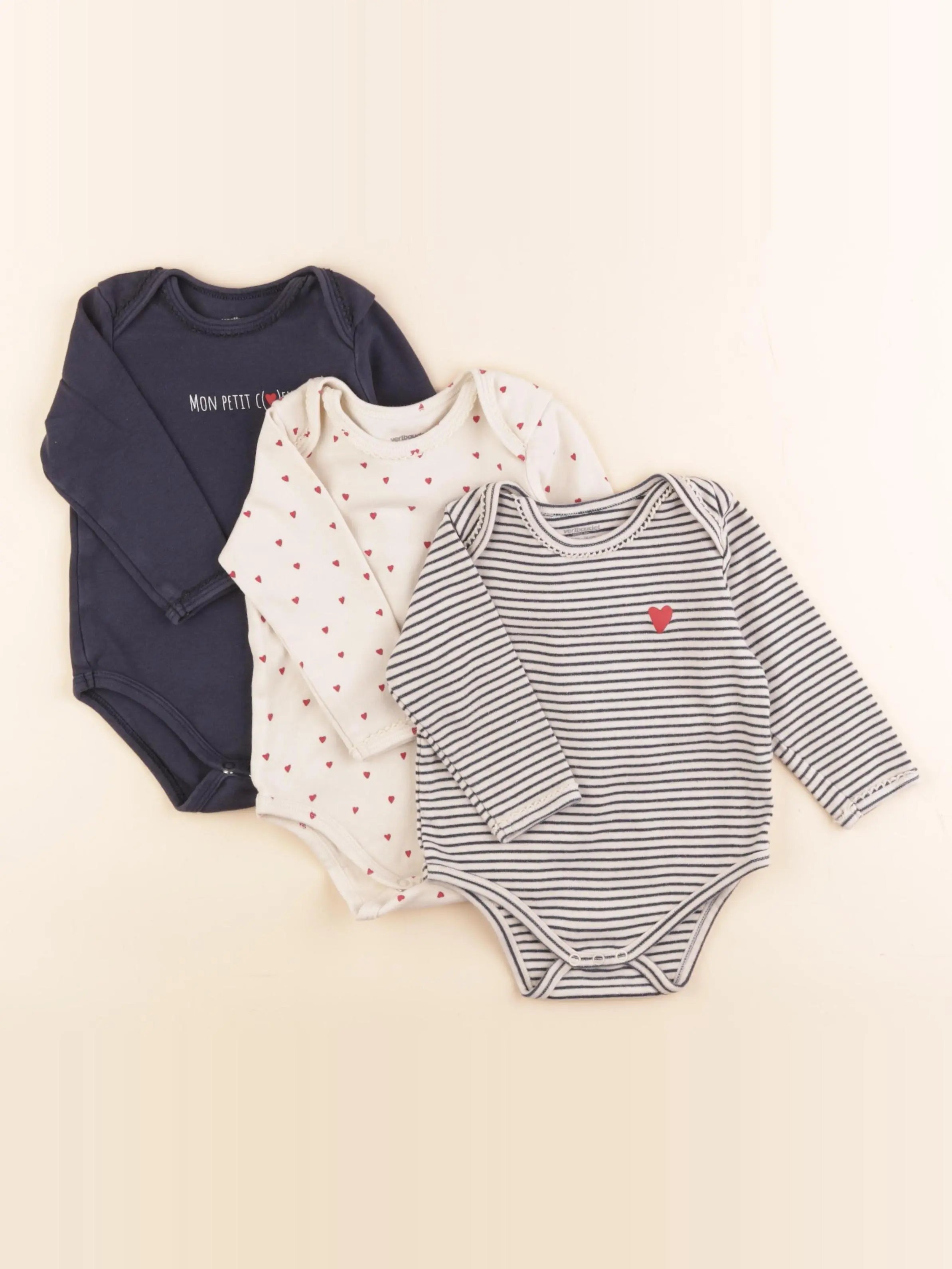 Vertbaudet - lot de 3 bodies en coton beige, bleu - 12 mois